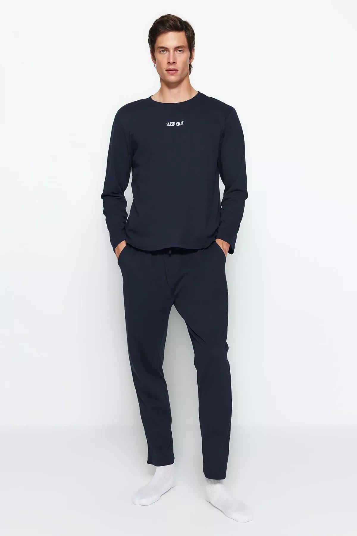 Navy Printed Knitted Pyjamas Set, , large image number 0