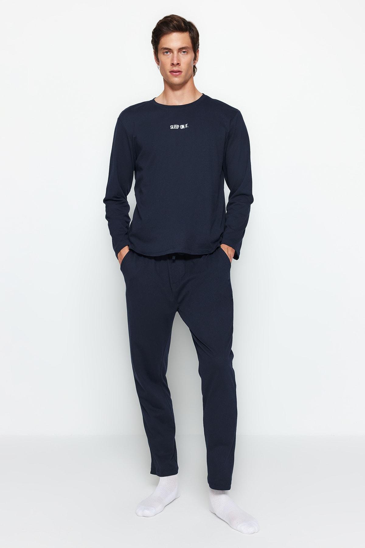 Navy Printed Knitted Pyjamas Set, , medium