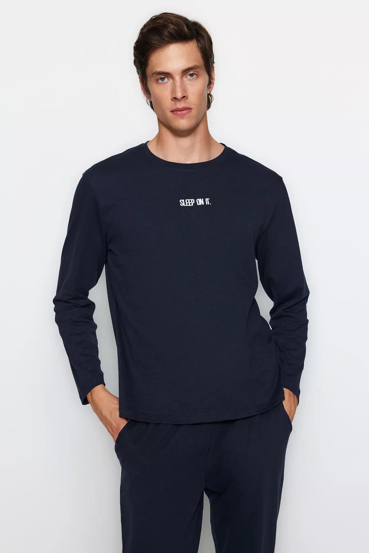 Navy Printed Knitted Pyjamas Set, Navy blue, large image number 1