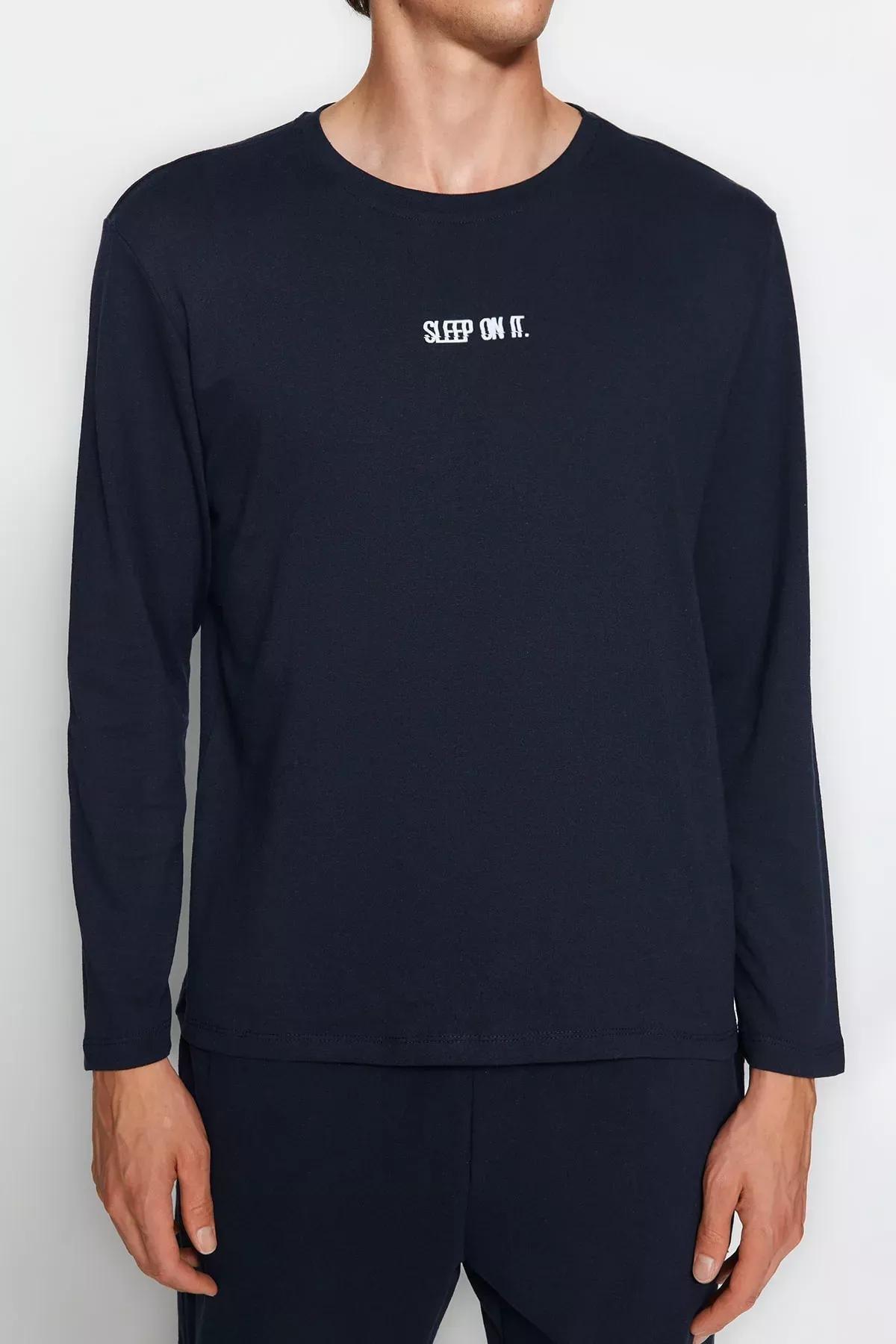 Navy Printed Knitted Pyjamas Set, Navy blue, large image number 2