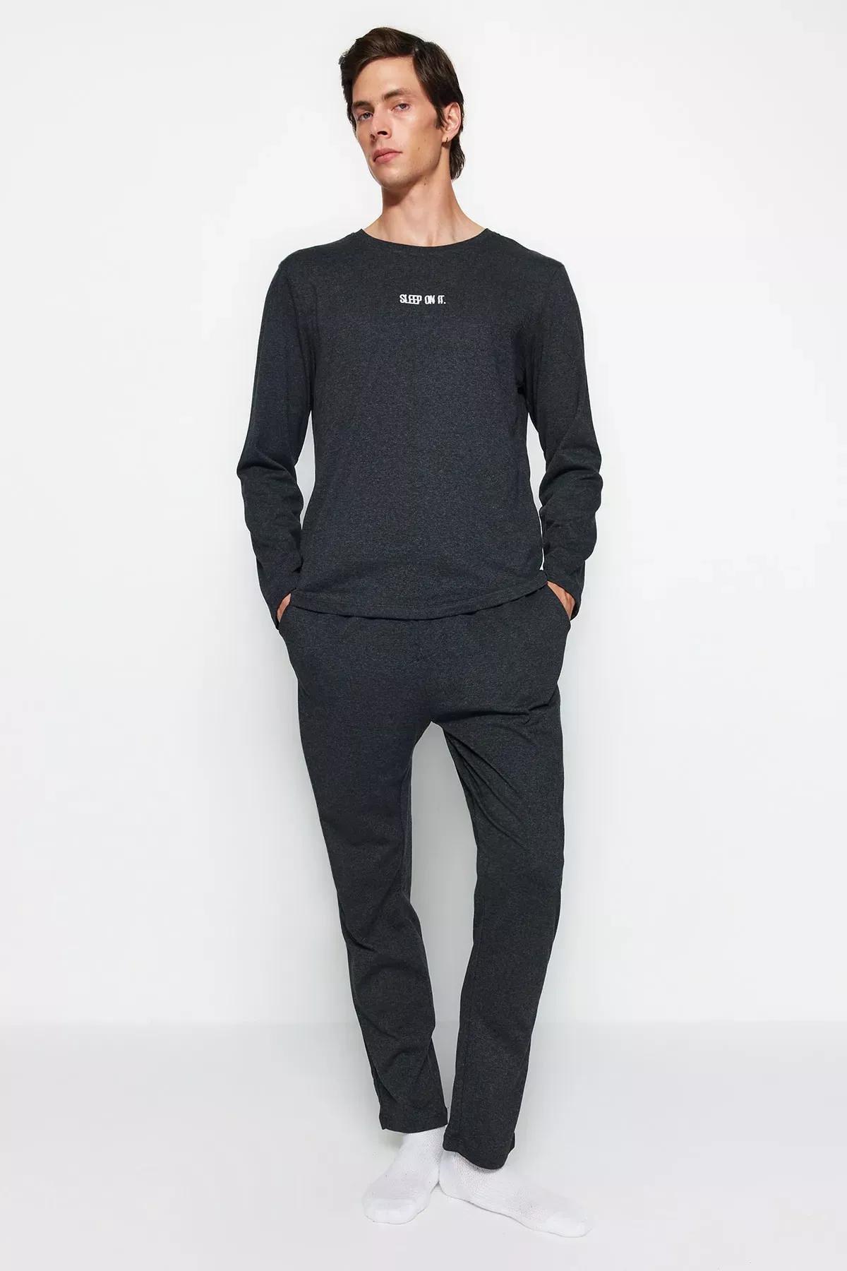 Grey Printed Knitted Pyjamas Set, Anthracite, medium