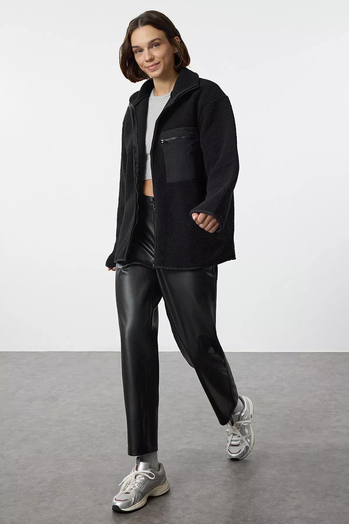 Black Zippered Long Sleeve Sweatshirt, BLACK, medium