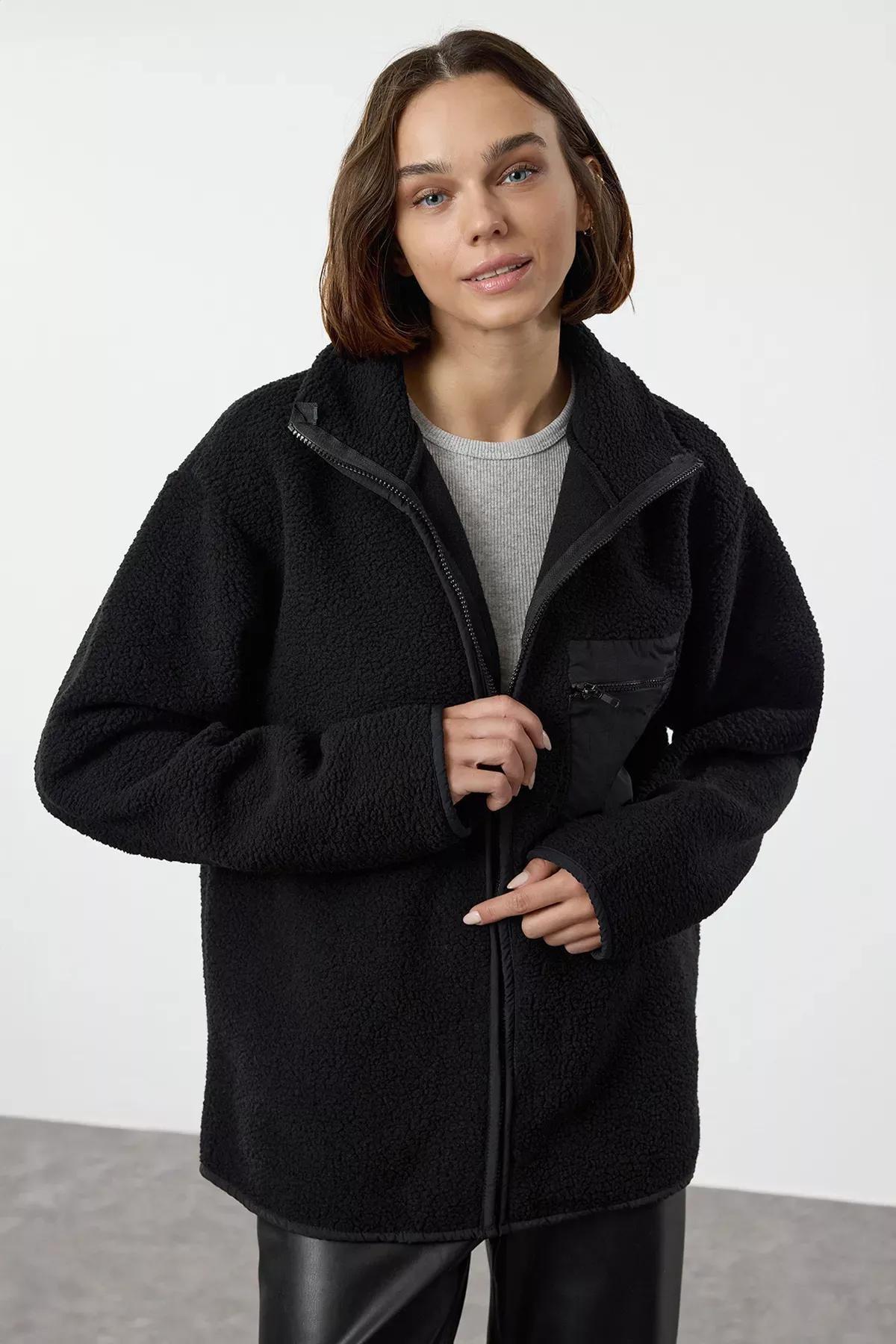 Black Zippered Long Sleeve Sweatshirt, BLACK, medium