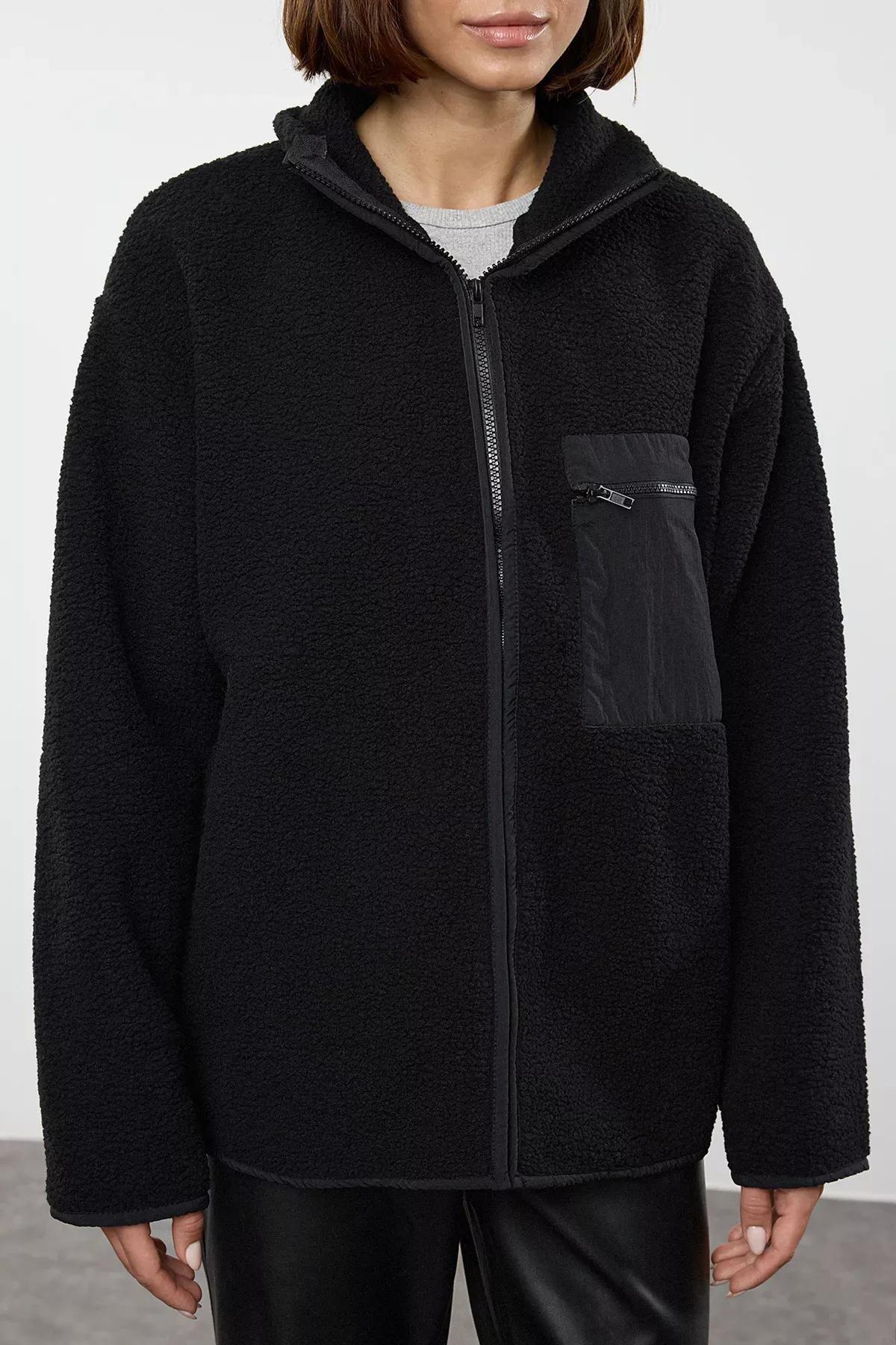 Black Zippered Long Sleeve Sweatshirt, BLACK, medium