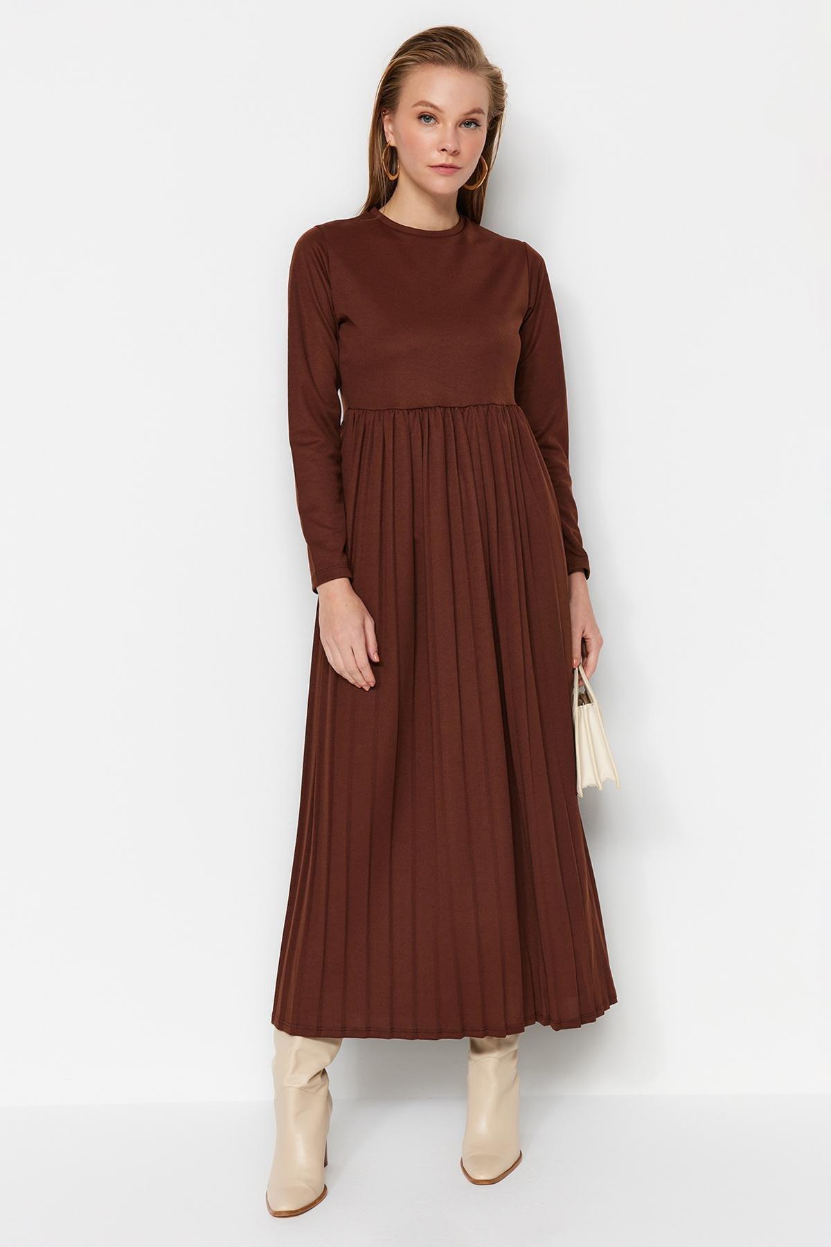 Trendyol - Brown Pleated Scuba Knitted Dress