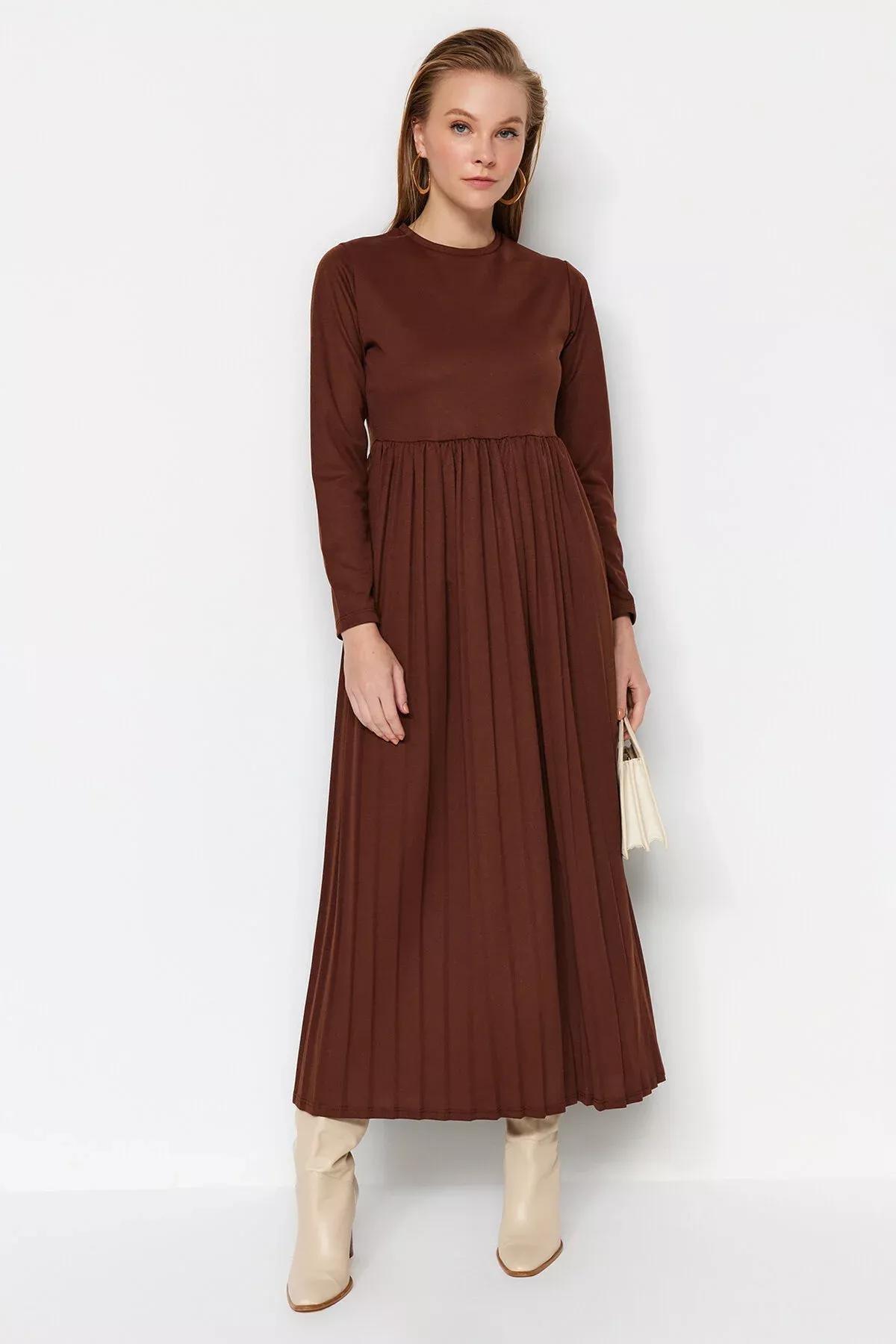 Brown Pleated Scuba Knitted Dress, , medium