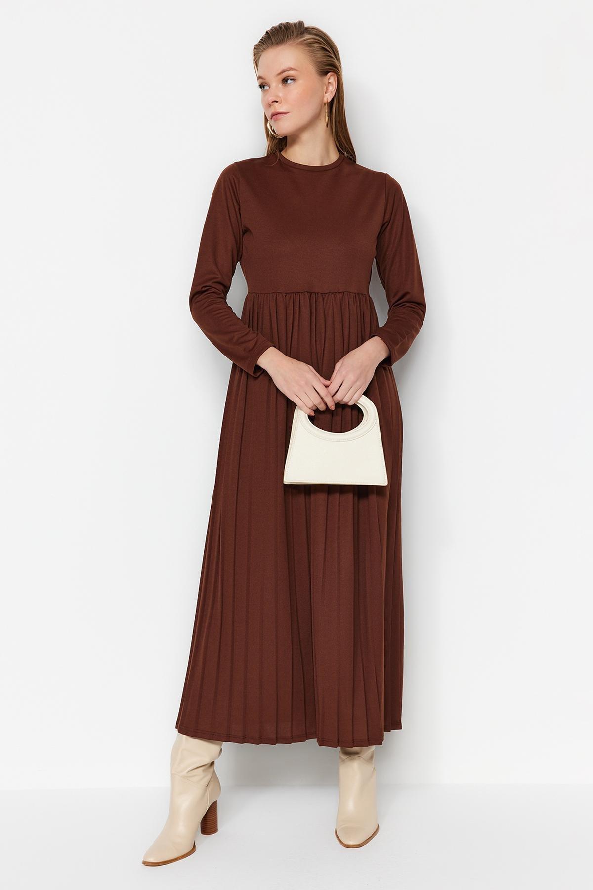 Trendyol - Brown Pleated Scuba Knitted Dress