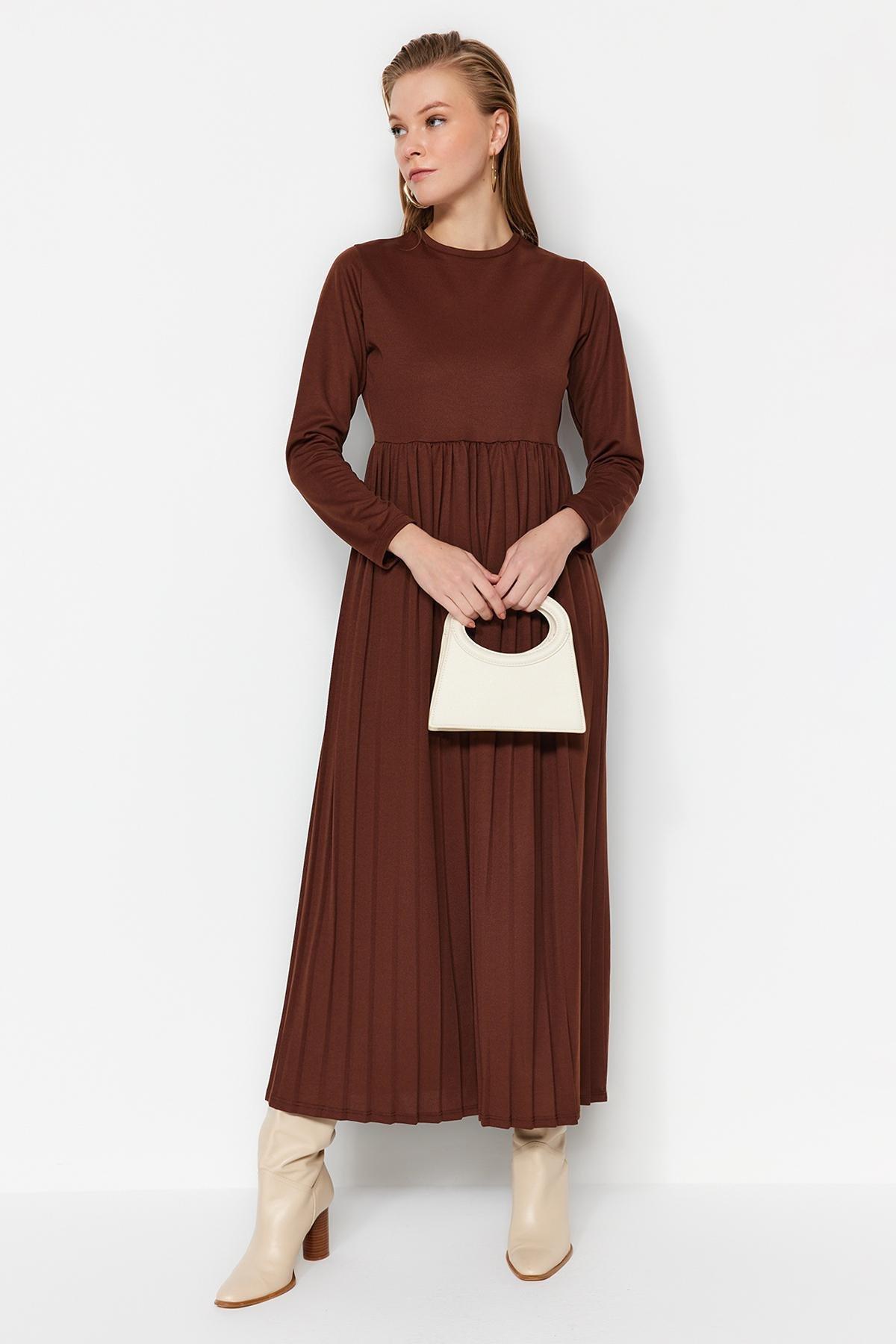 Brown Pleated Scuba Knitted Dress, , large image number 1