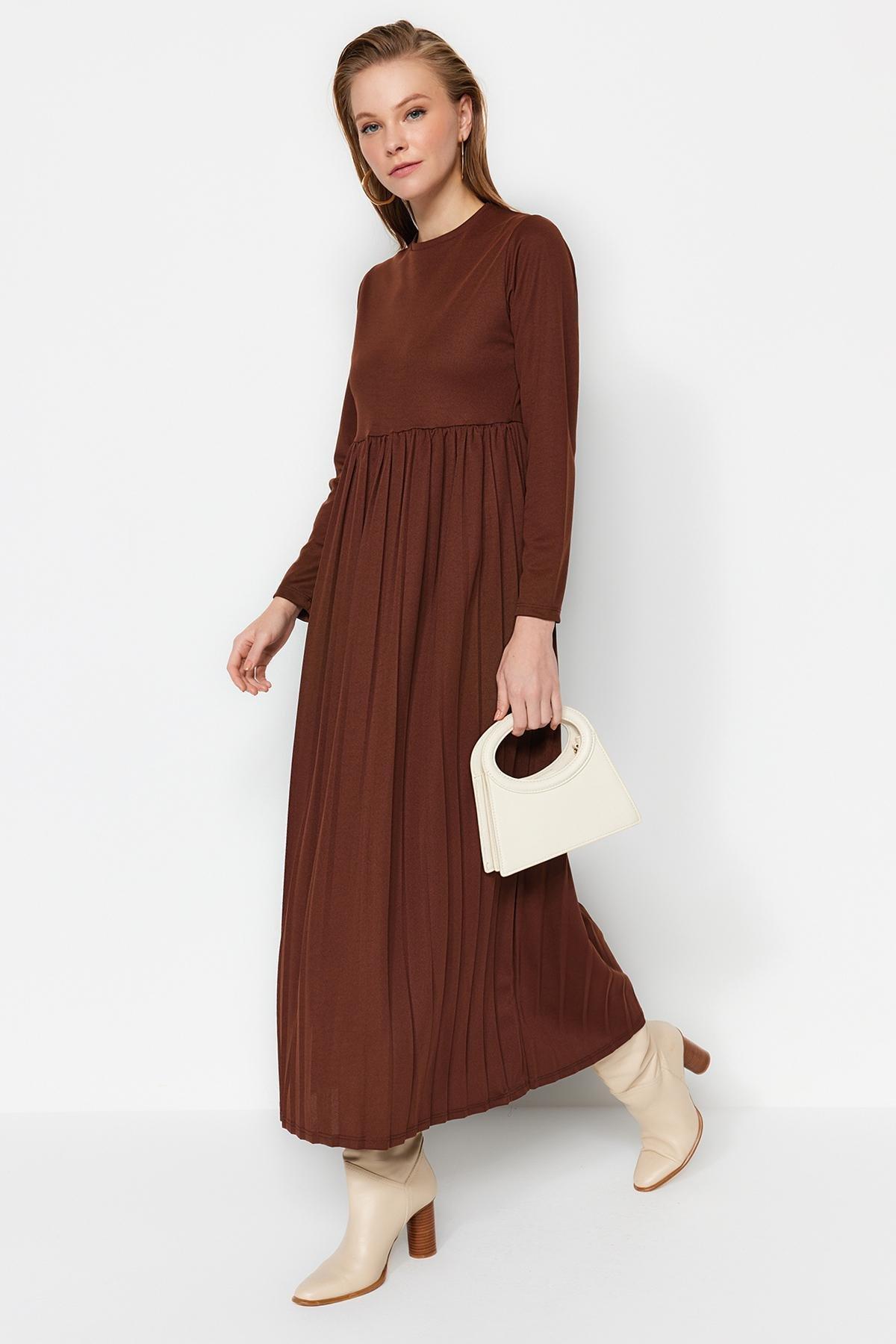 Trendyol - Brown Pleated Scuba Knitted Dress