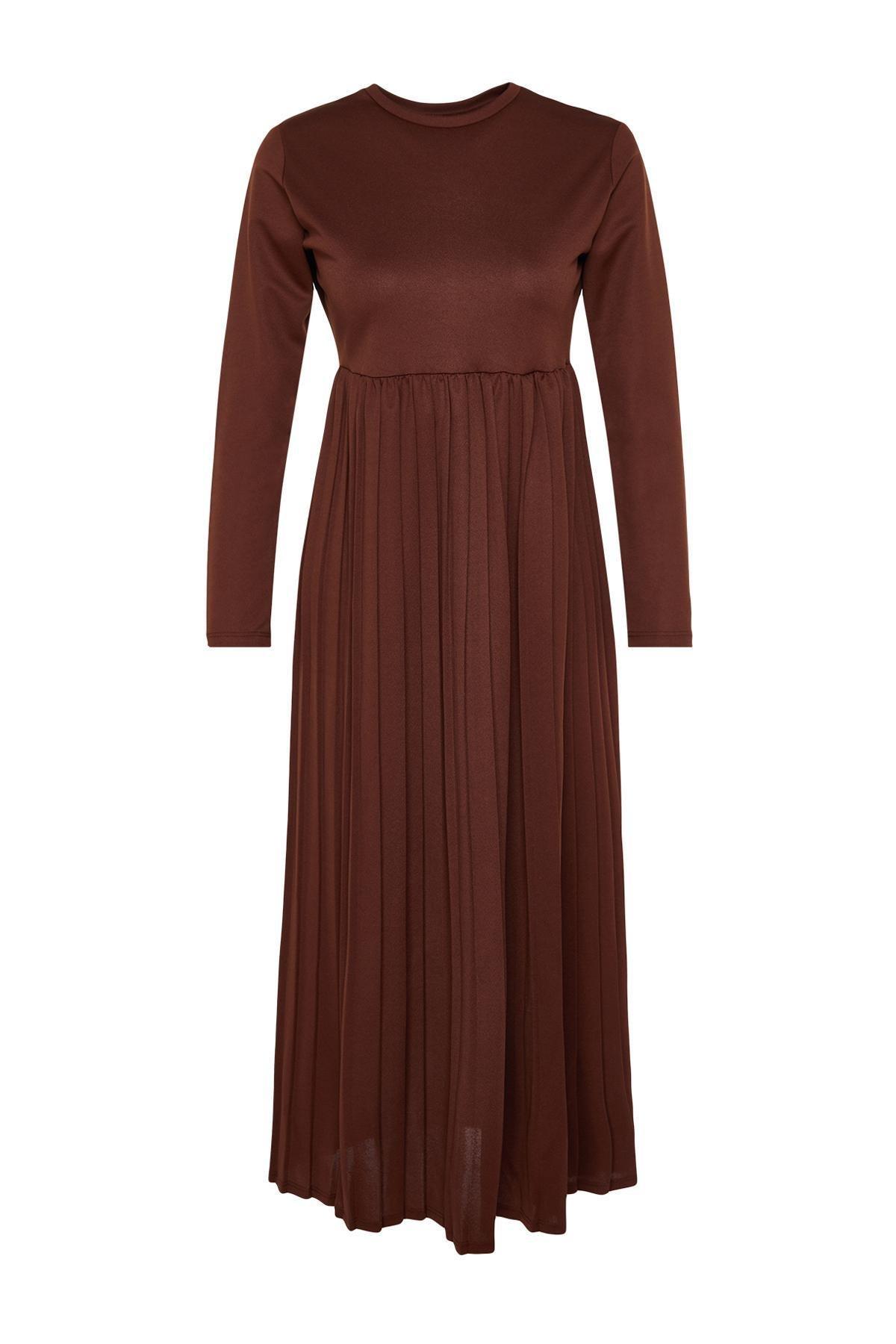 Trendyol - Brown Pleated Scuba Knitted Dress