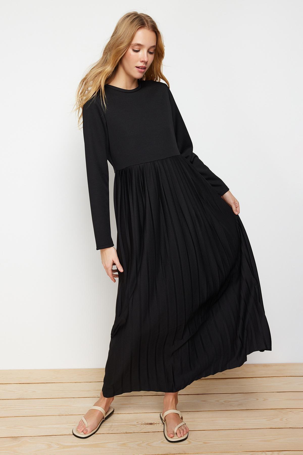 Black Pleated Scuba Knit Dress, , large image number 0