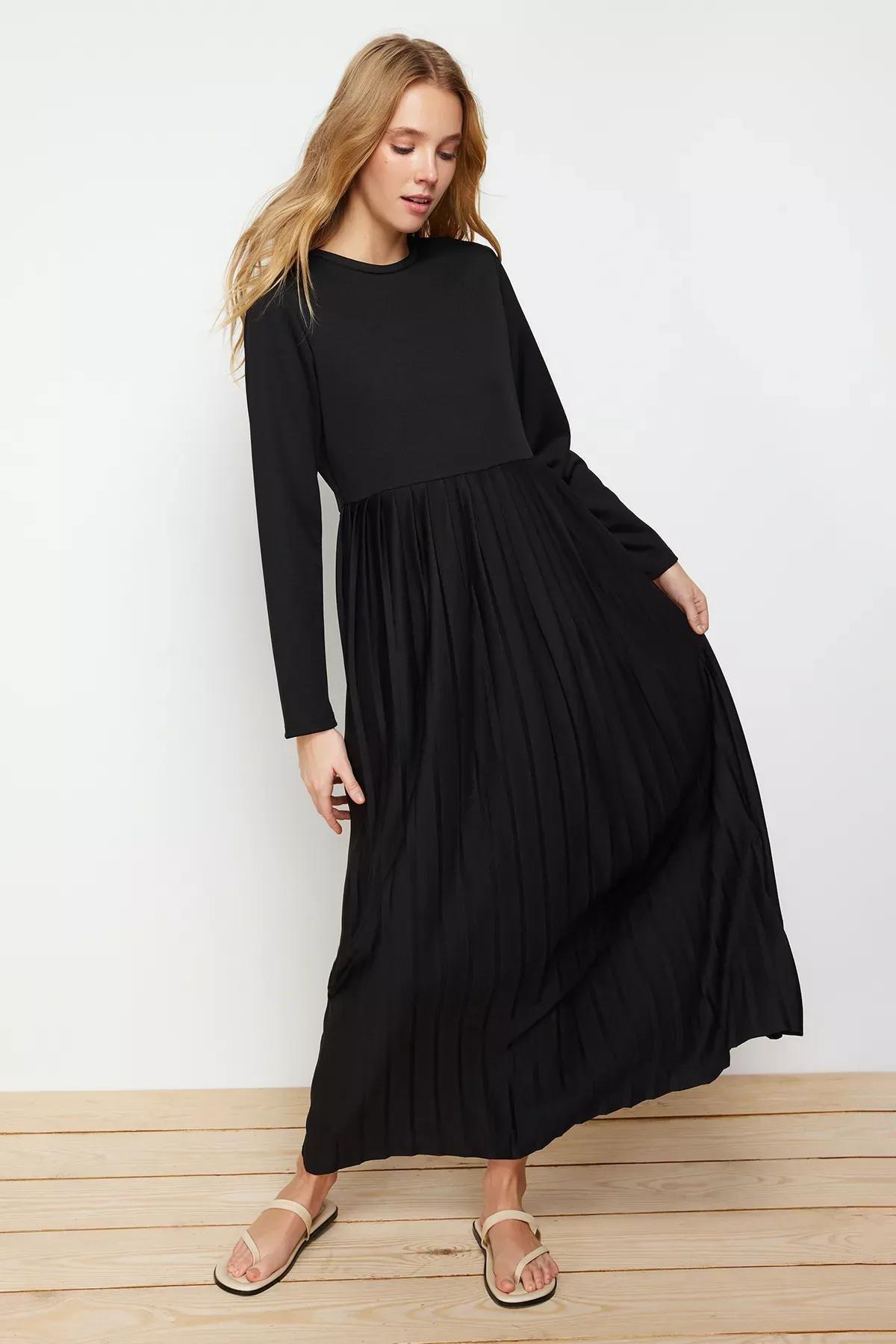 Black Pleated Scuba Knit Dress, , medium