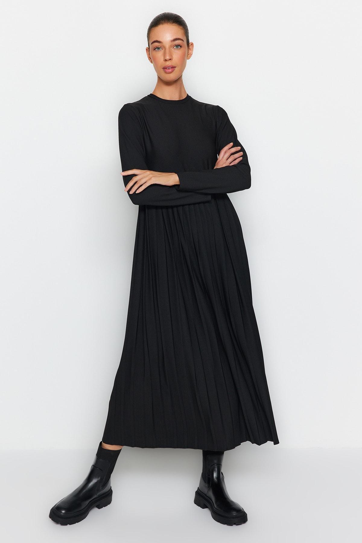 Black Pleated Scuba Knit Dress, , large image number 1