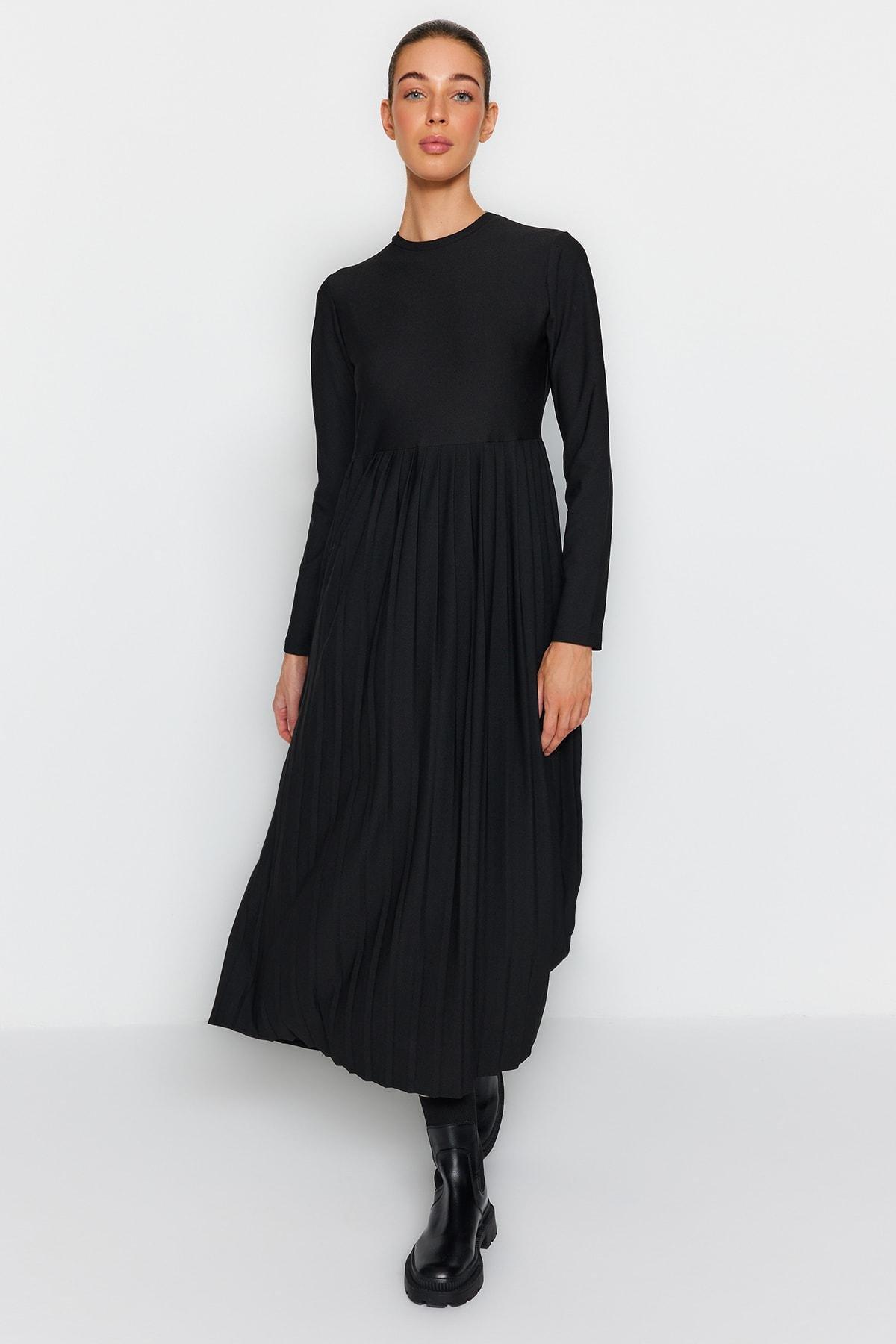 Black Pleated Scuba Knit Dress, , large image number 6