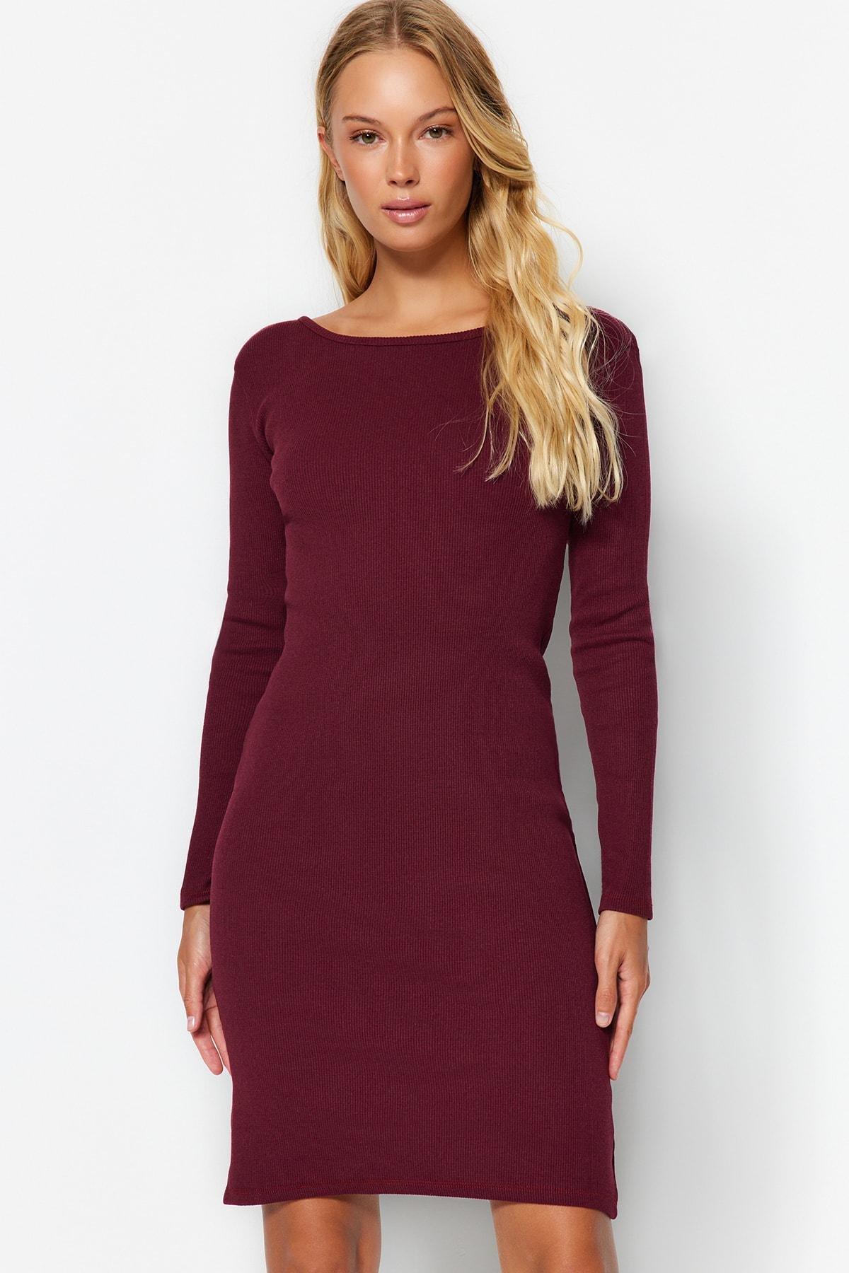 Trendyol - Burgundy Corduroy Crew Neck Knit Dress