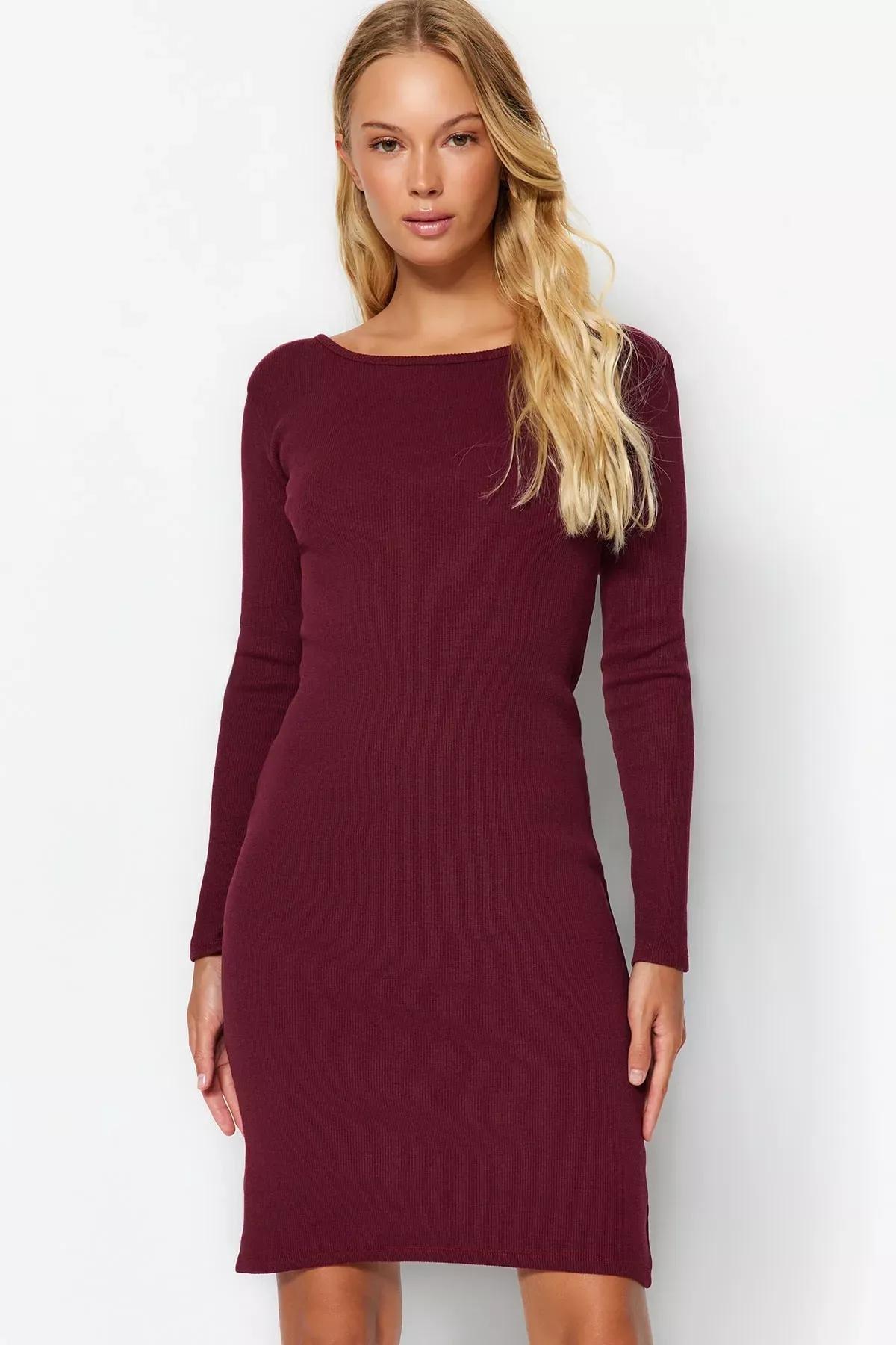 Burgundy Corduroy Crew Neck Knit Dress, Burgundy, large image number 1