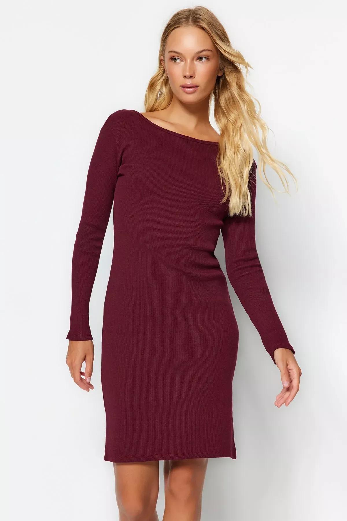 Trendyol - Burgundy Corduroy Crew Neck Knit Dress