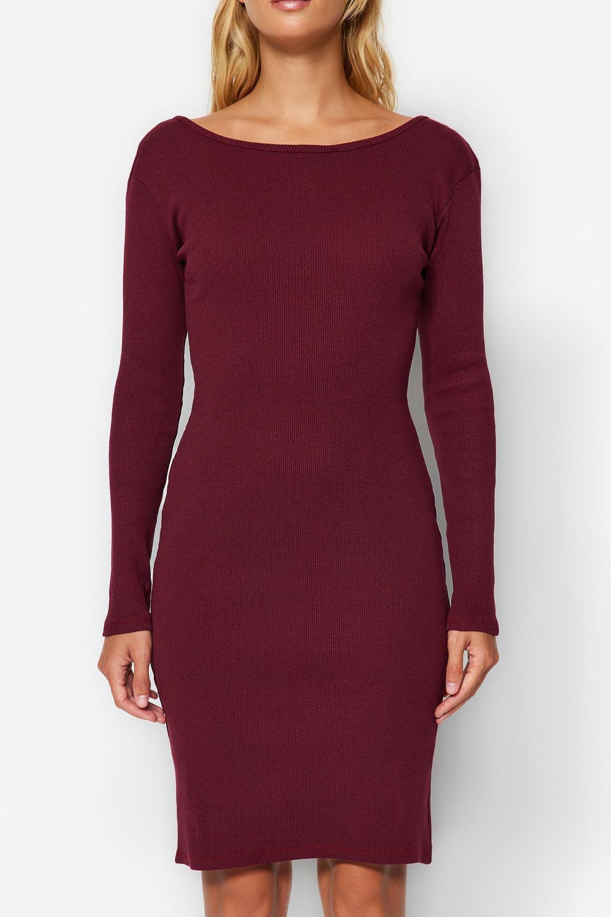 Trendyol - Burgundy Corduroy Crew Neck Knit Dress