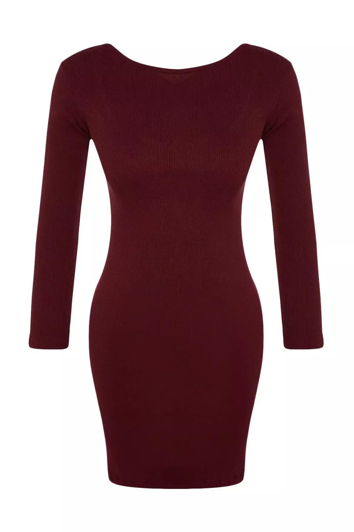 Trendyol - Burgundy Corduroy Crew Neck Knit Dress