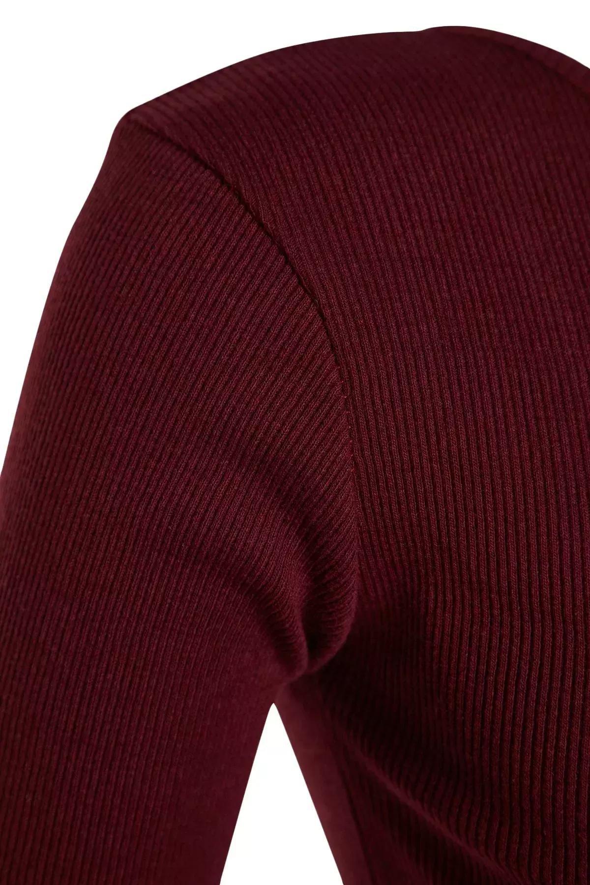 Trendyol - Burgundy Corduroy Crew Neck Knit Dress