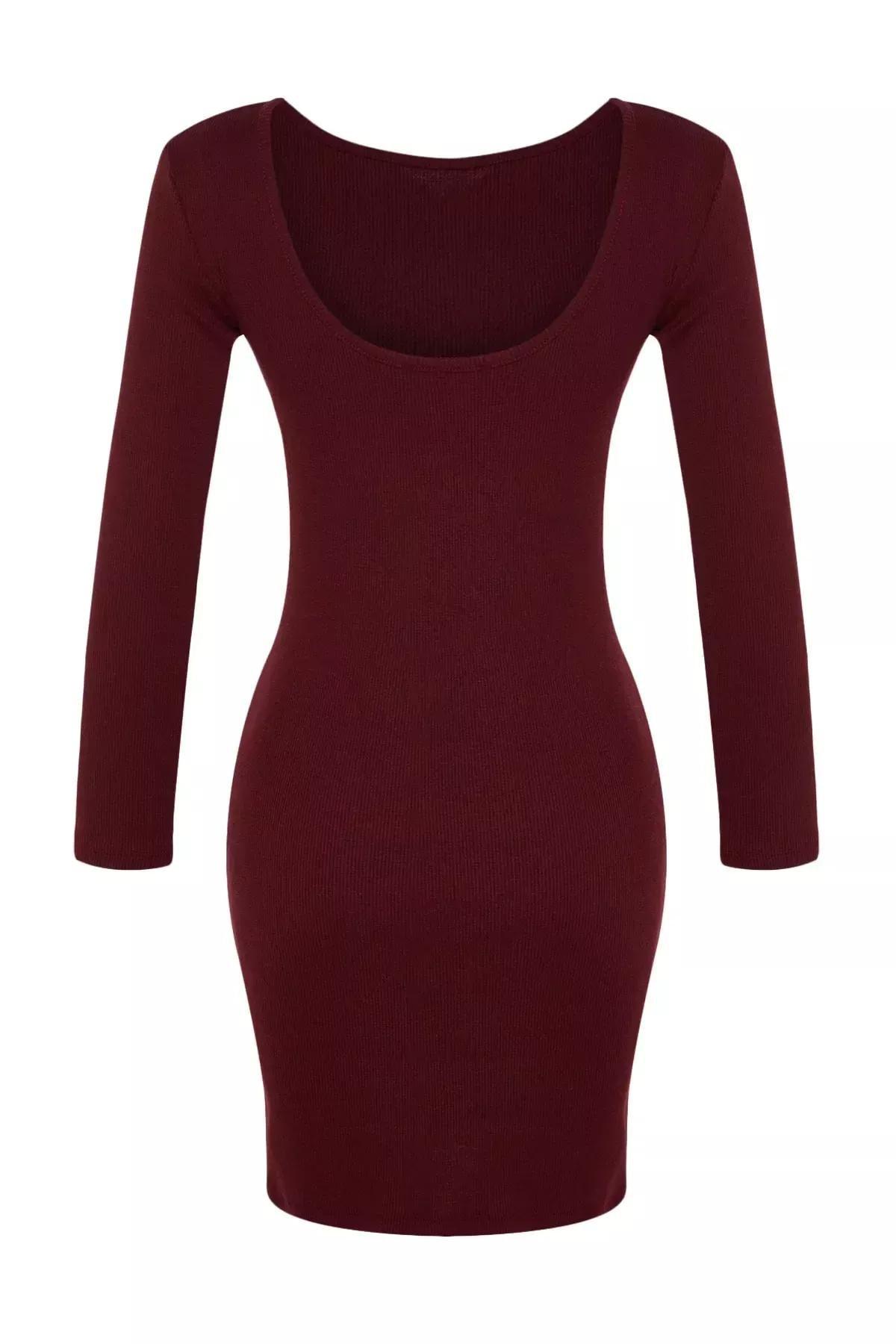 Trendyol - Burgundy Corduroy Crew Neck Knit Dress