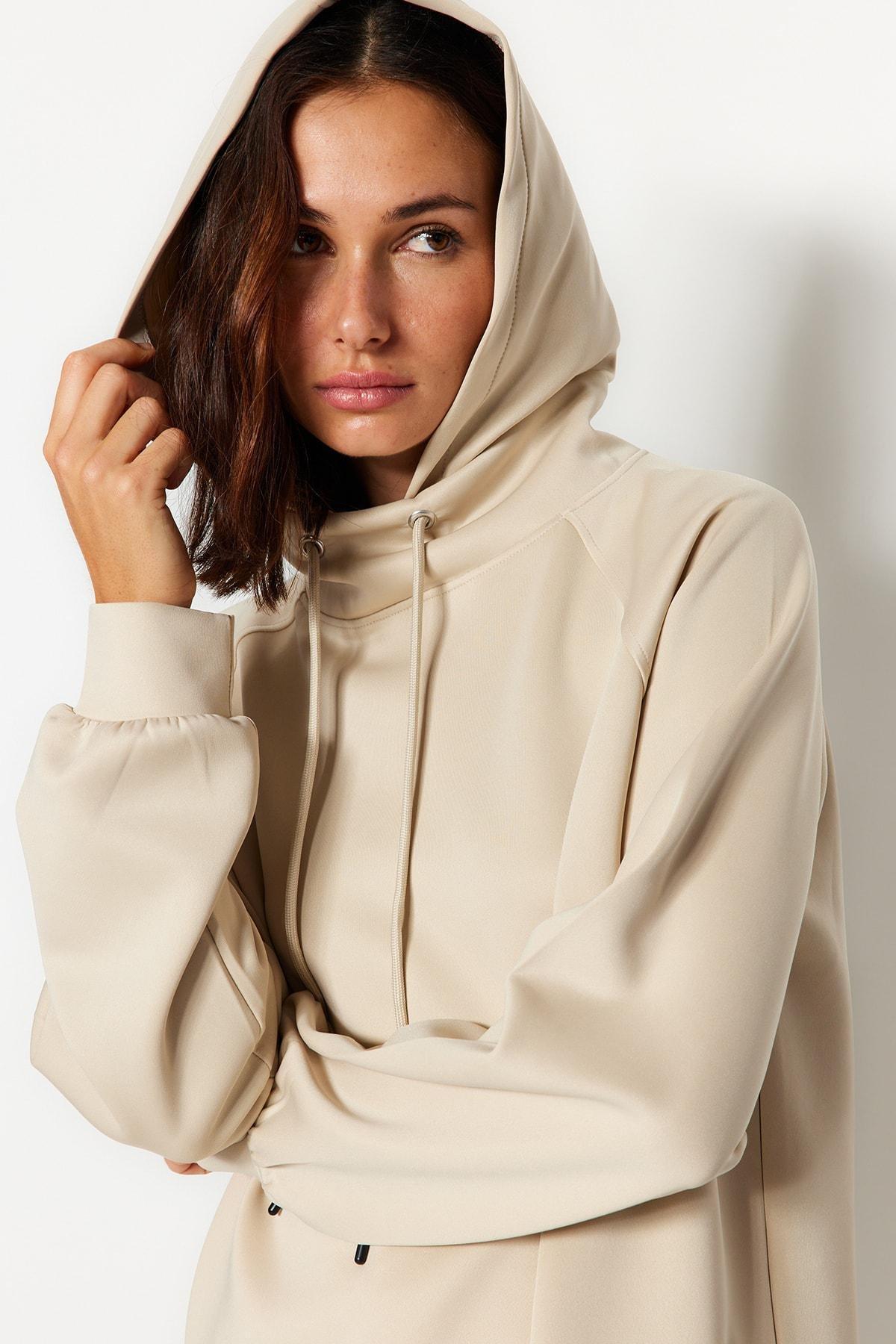 Trendyol - Cream Hooded Scuba Sweatshirt