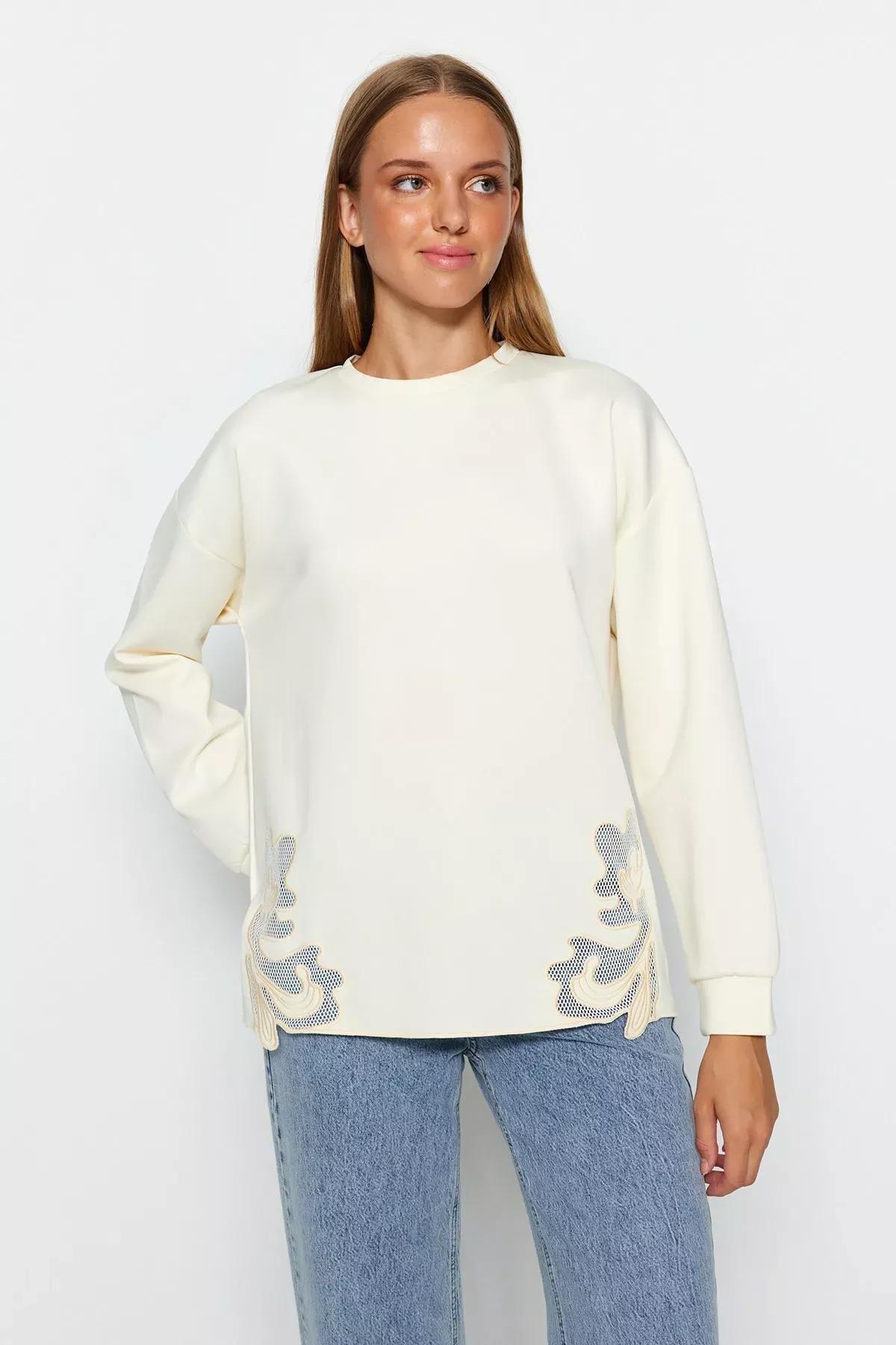 Cream Lace Knitted Sweatshirt, Ecru, large image number 0