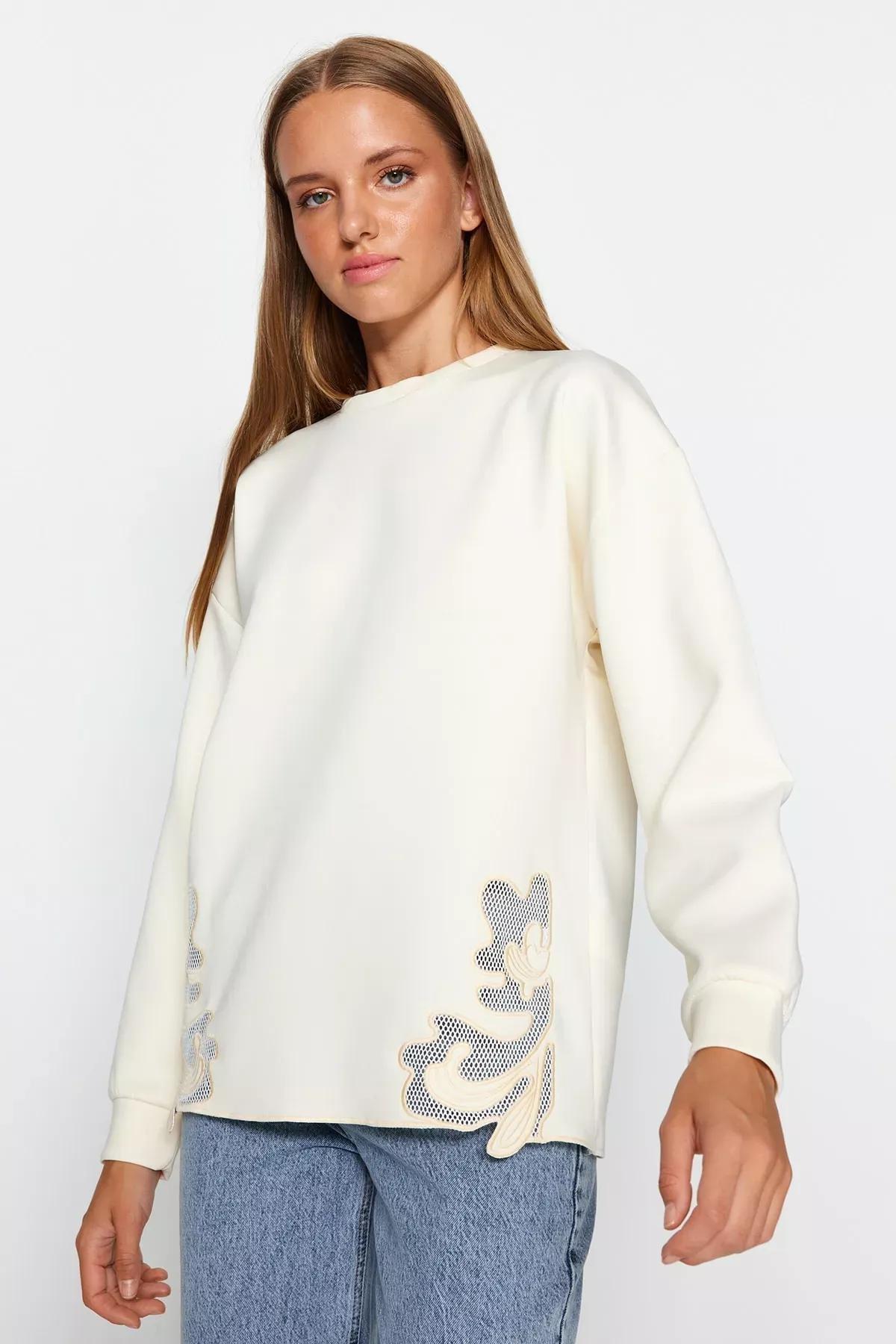 Cream Lace Knitted Sweatshirt, Ecru, large image number 1