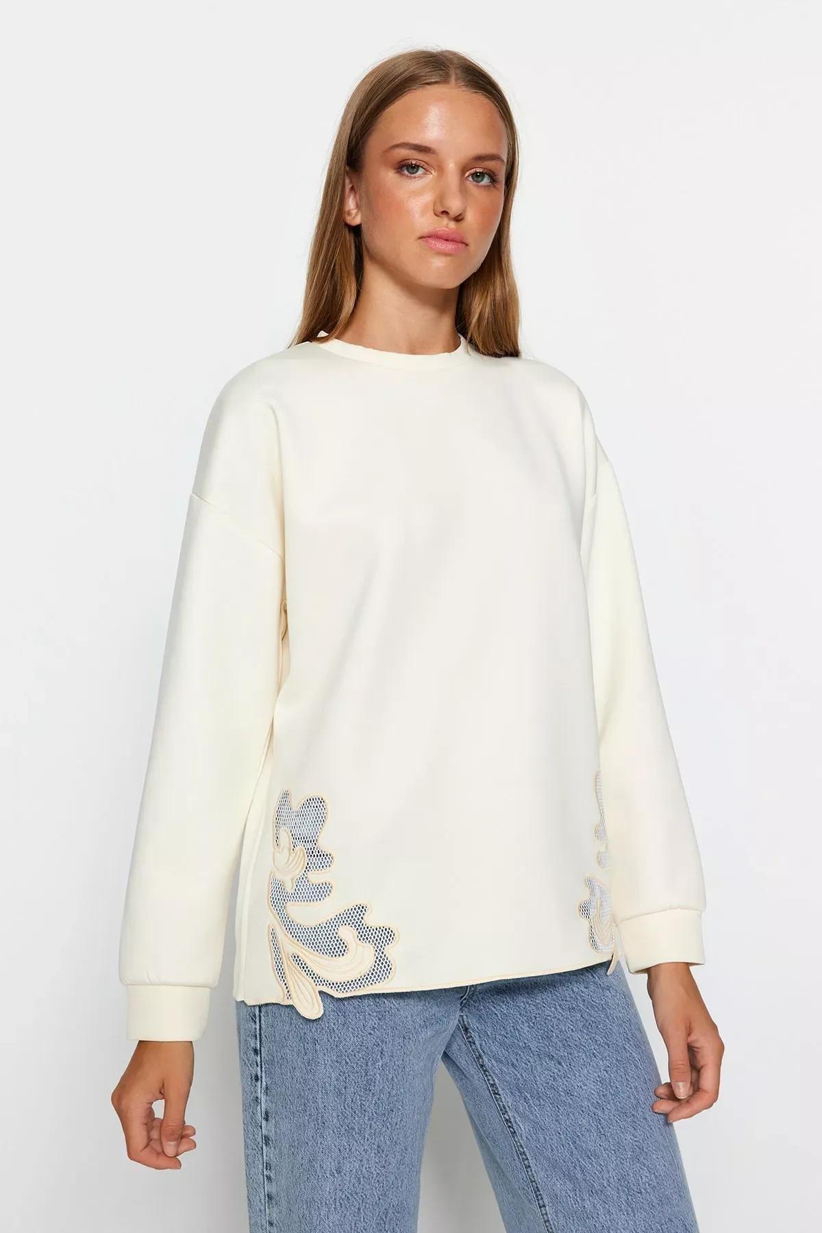 Cream Lace Knitted Sweatshirt, Ecru, large image number 2