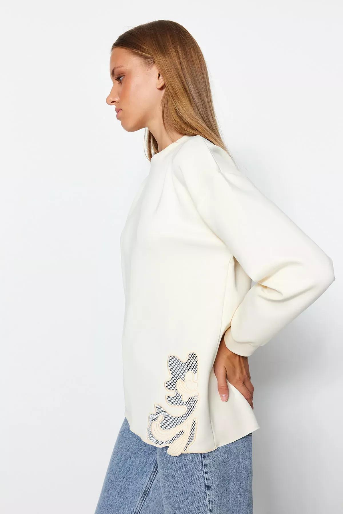 Cream Lace Knitted Sweatshirt, Ecru, large image number 3