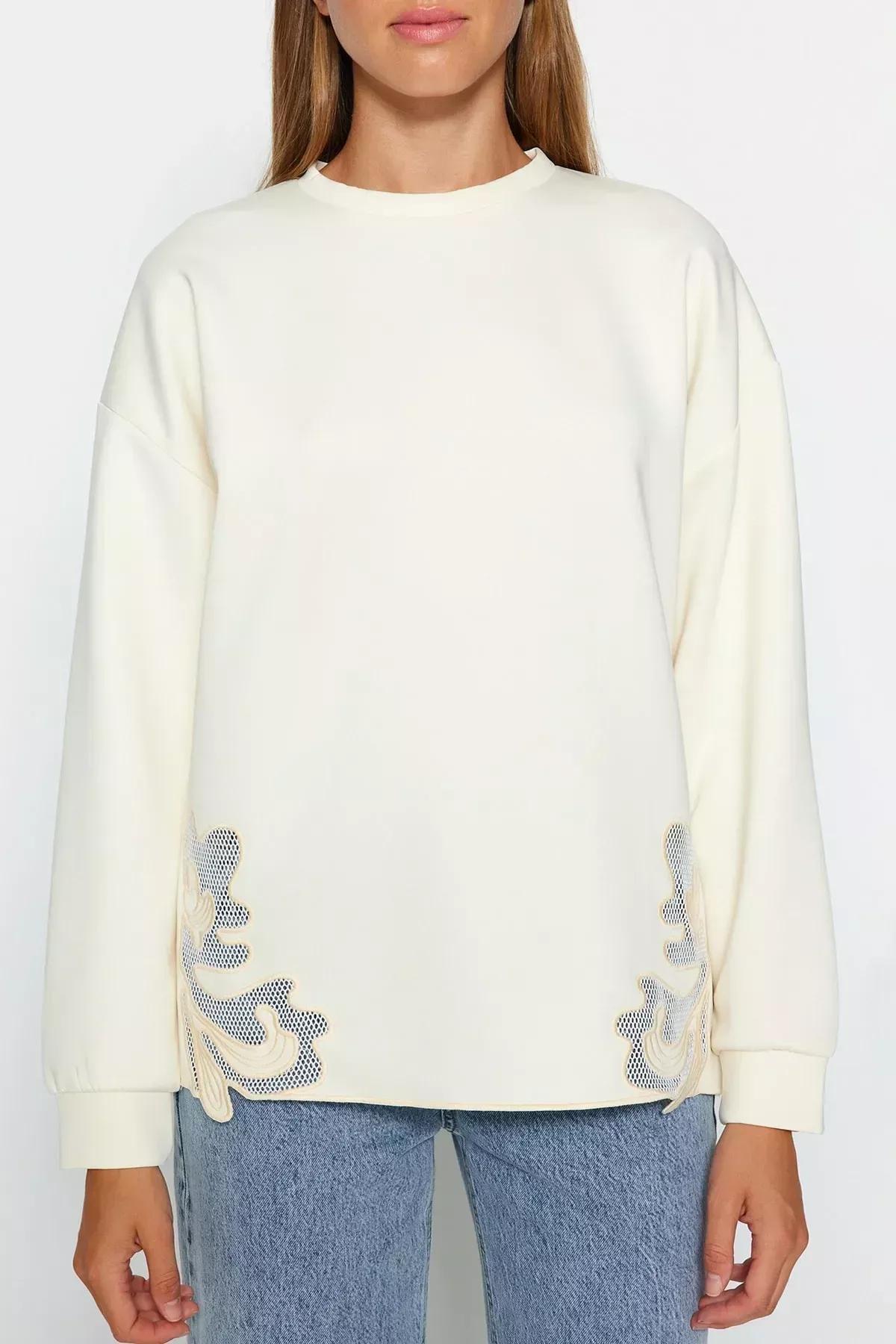 Cream Lace Knitted Sweatshirt, Ecru, large image number 4