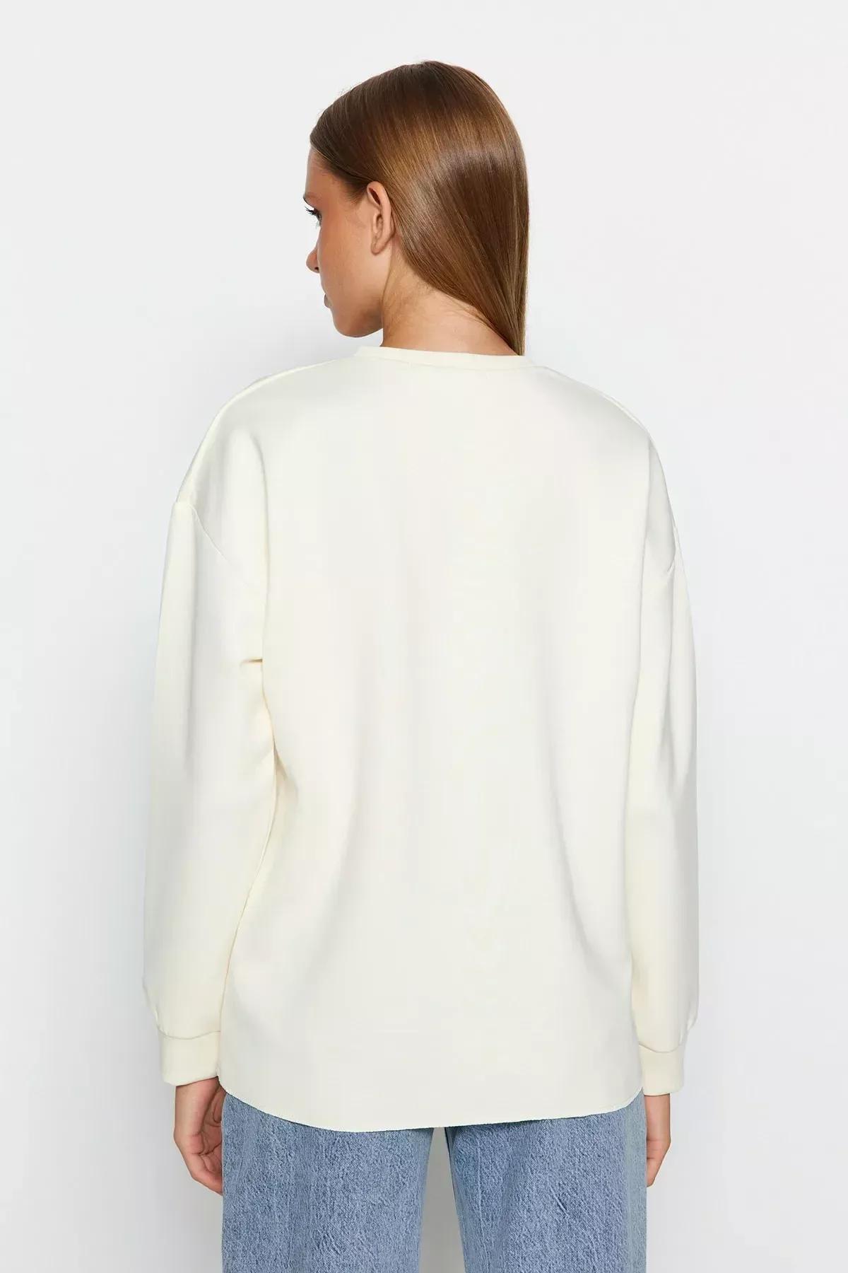 Cream Lace Knitted Sweatshirt, Ecru, large image number 5