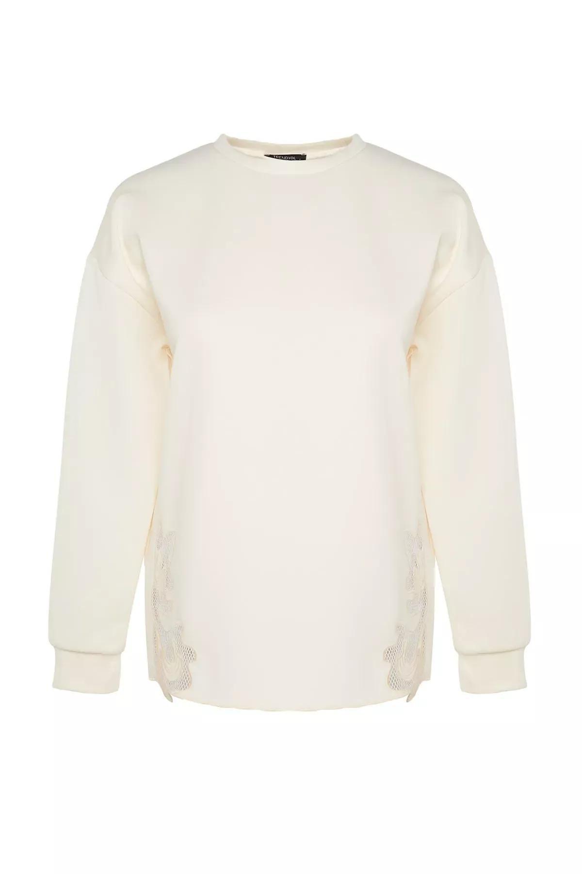 Cream Lace Knitted Sweatshirt, Ecru, large image number 6