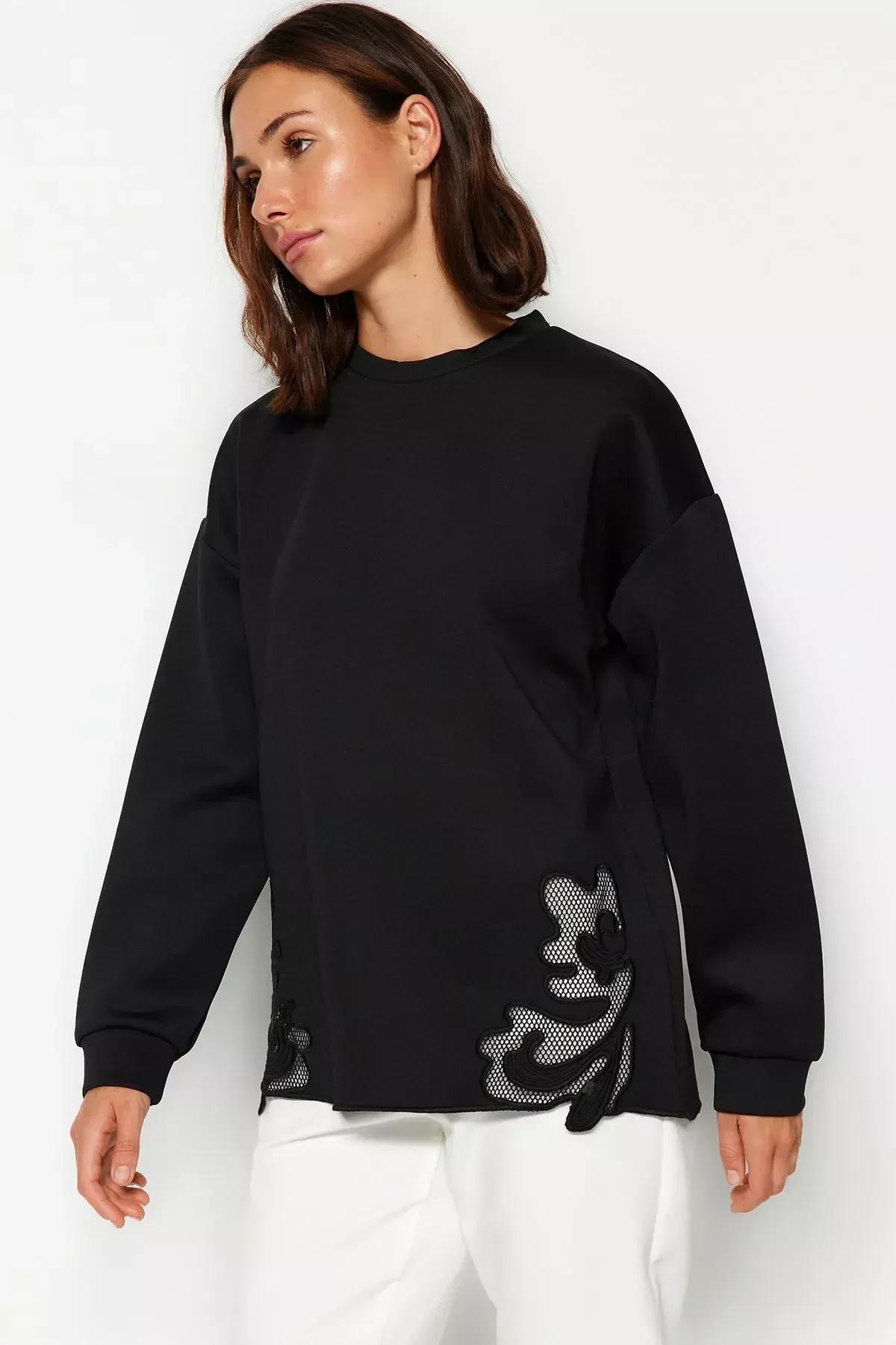 Black Lace Detail Sweatshirt, , large image number 0
