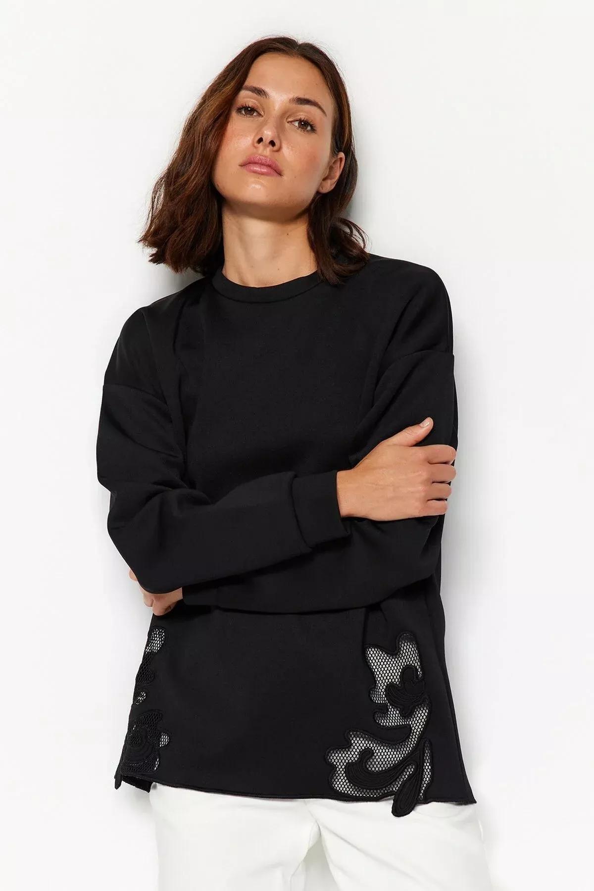 Black Lace Detail Sweatshirt, , large image number 1