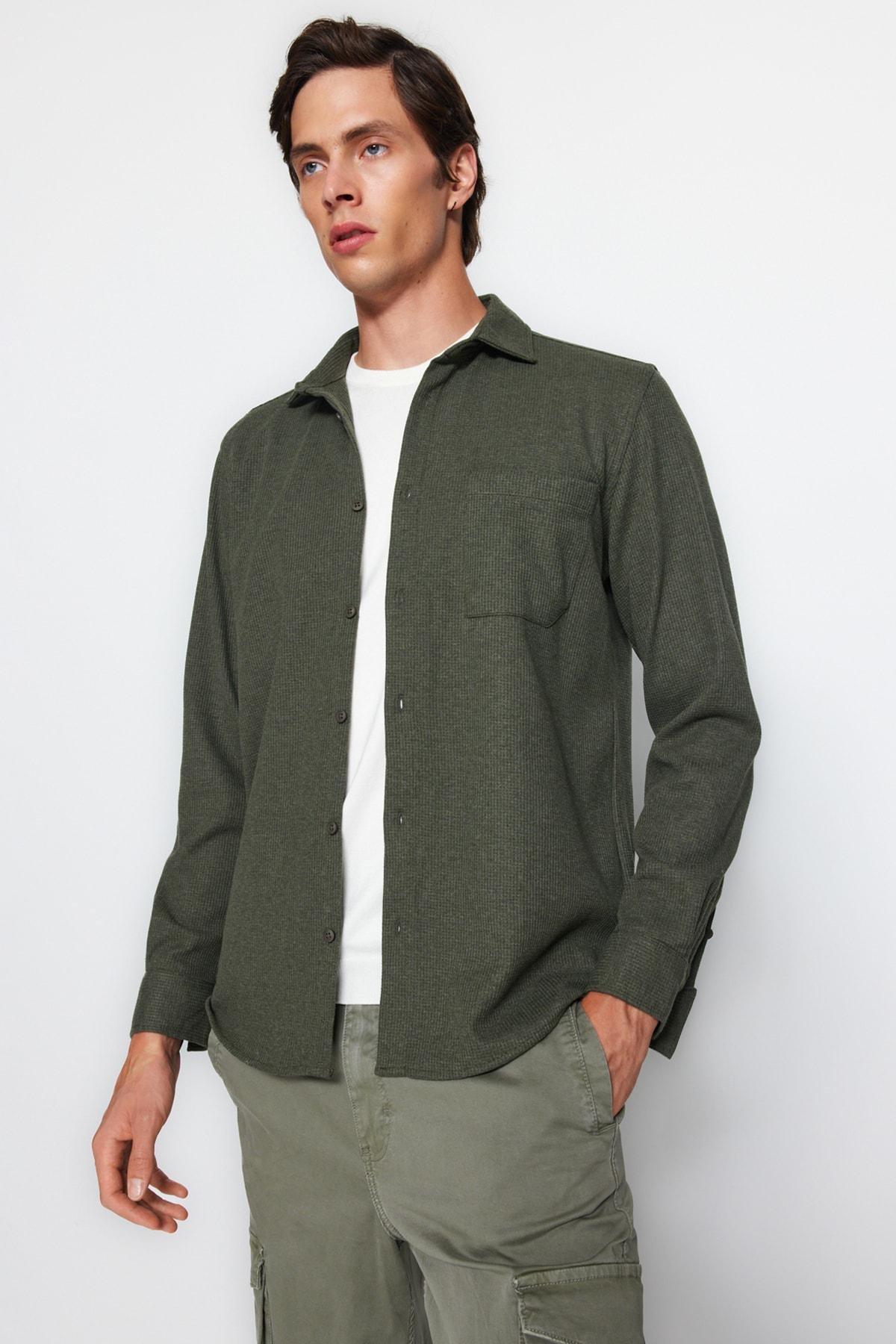 Khaki Textured Knitted Casual Shirt, Khaki, large image number 0