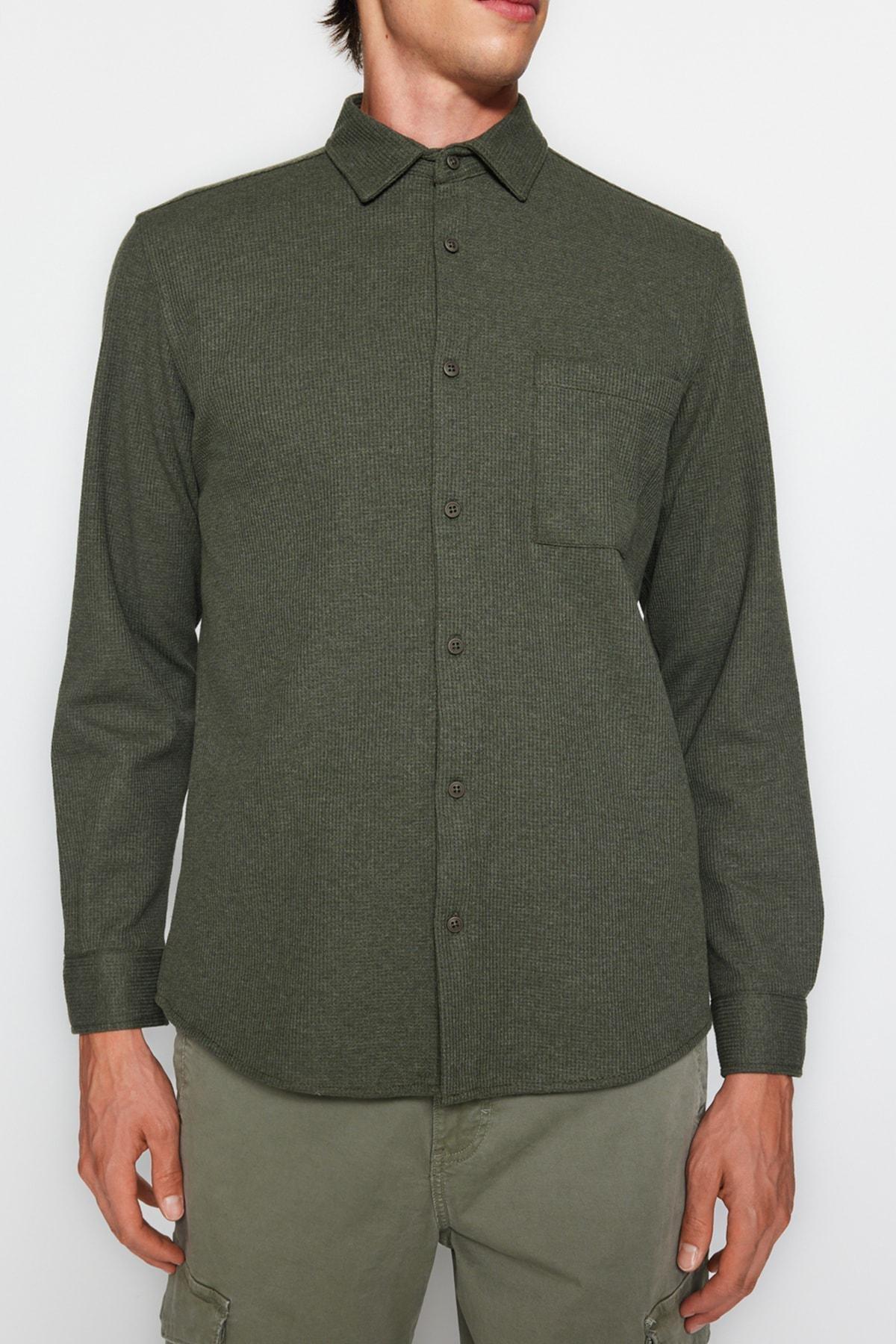 Khaki Textured Knitted Casual Shirt, Khaki, large image number 1
