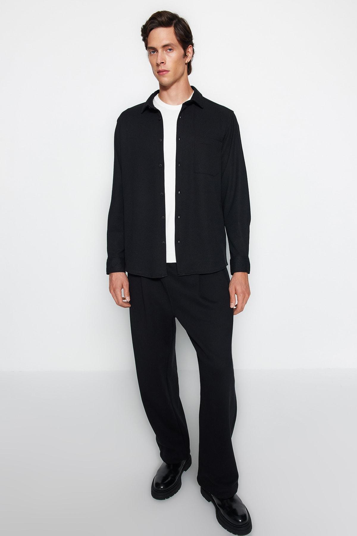 Black Textured Knitted Casual Shirt, BLACK, large image number 1