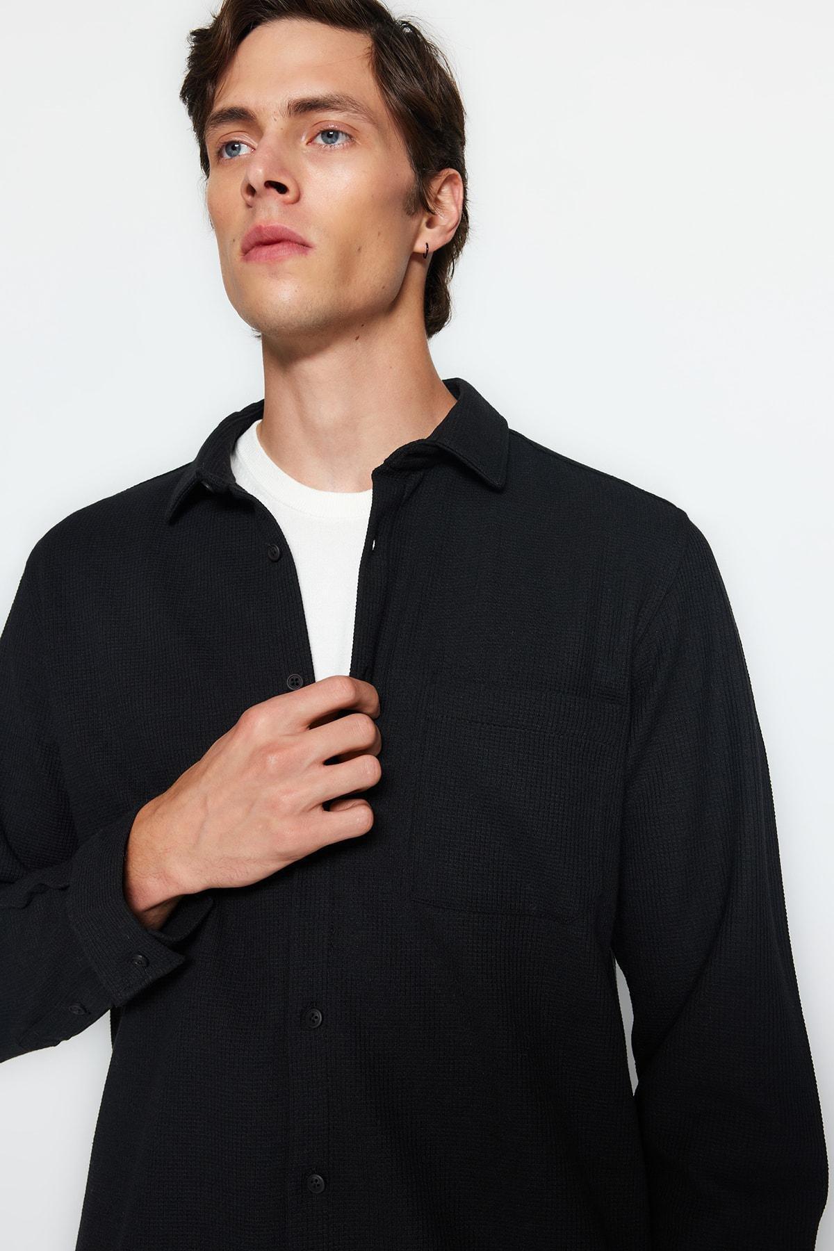 Black Textured Knitted Casual Shirt, BLACK, large image number 2