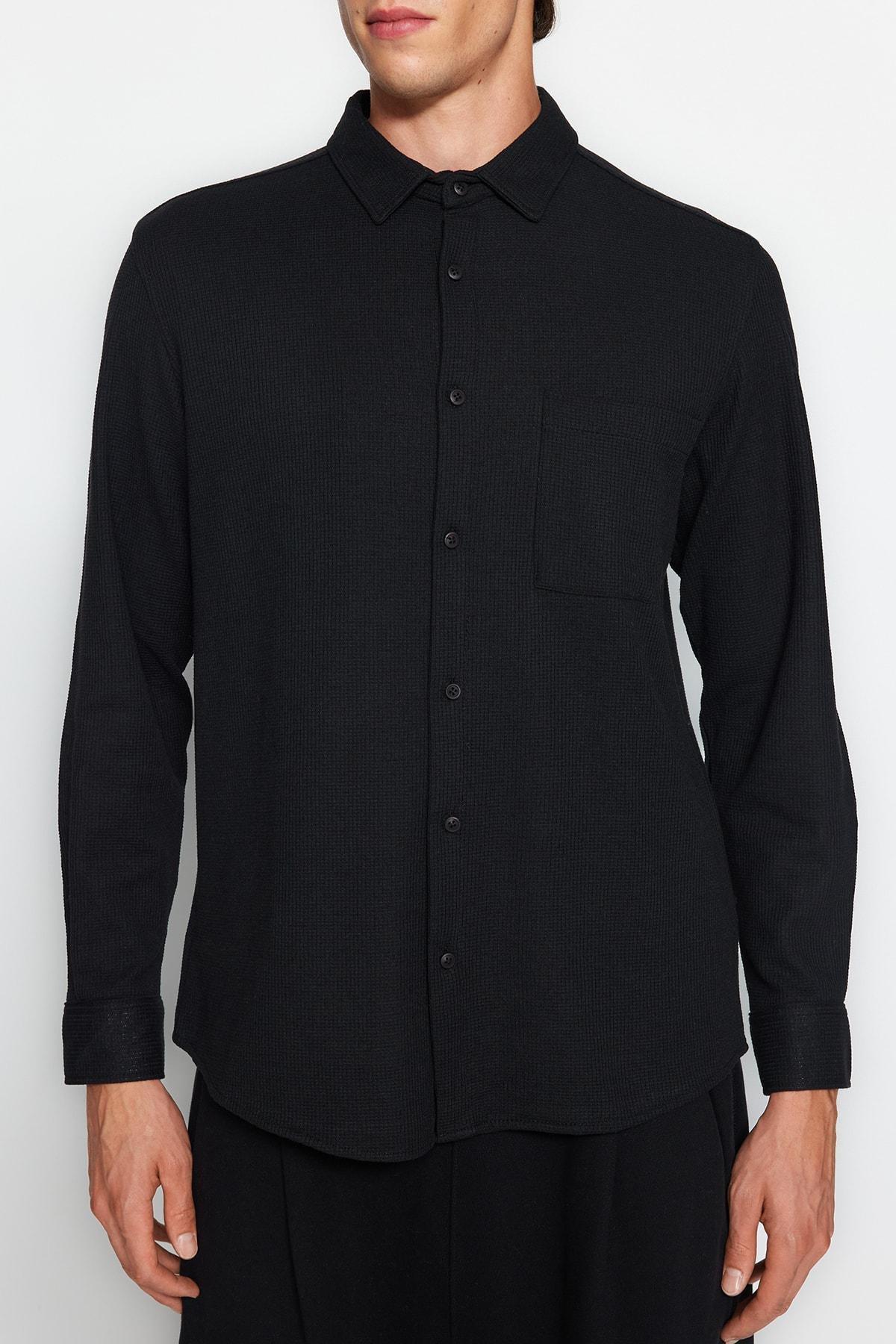 Black Textured Knitted Casual Shirt, BLACK, large image number 3