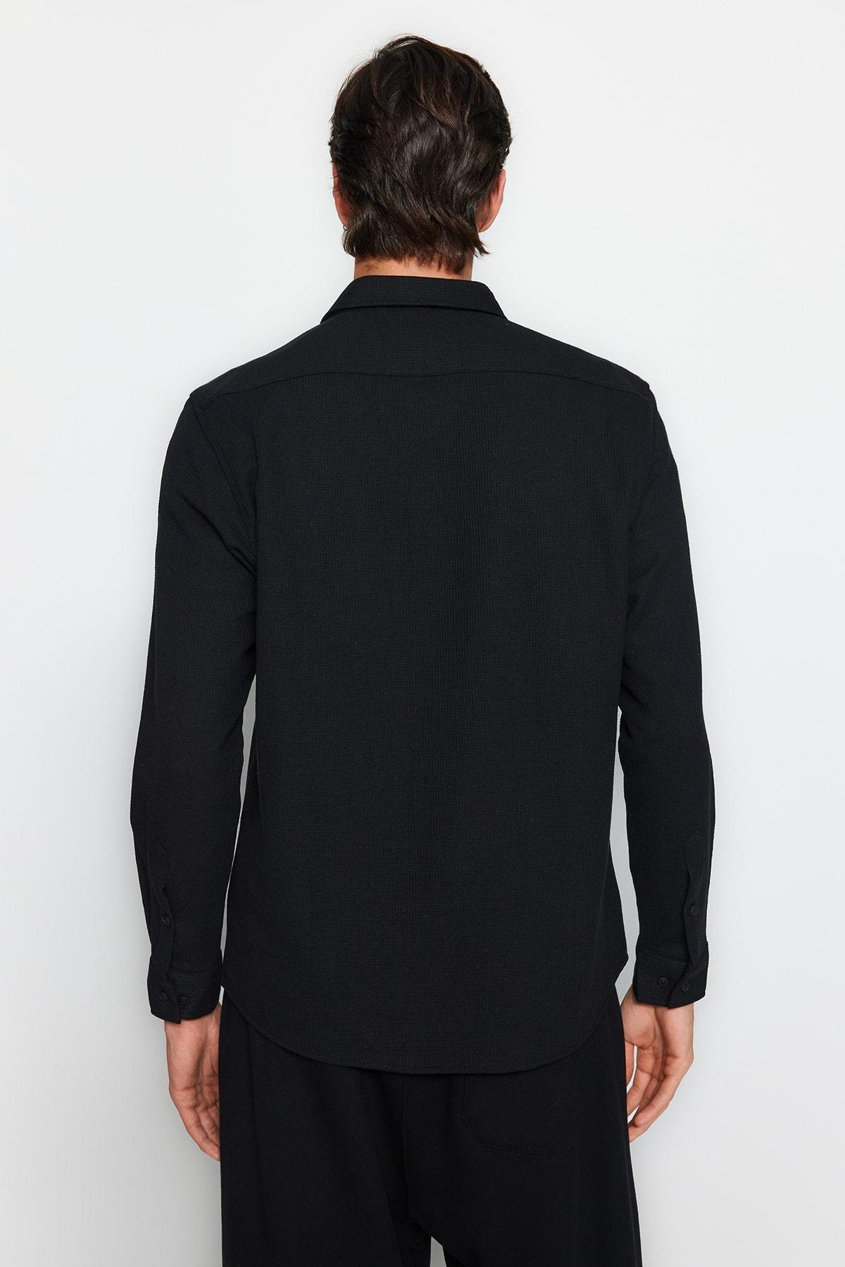 Black Textured Knitted Casual Shirt, BLACK, large image number 4