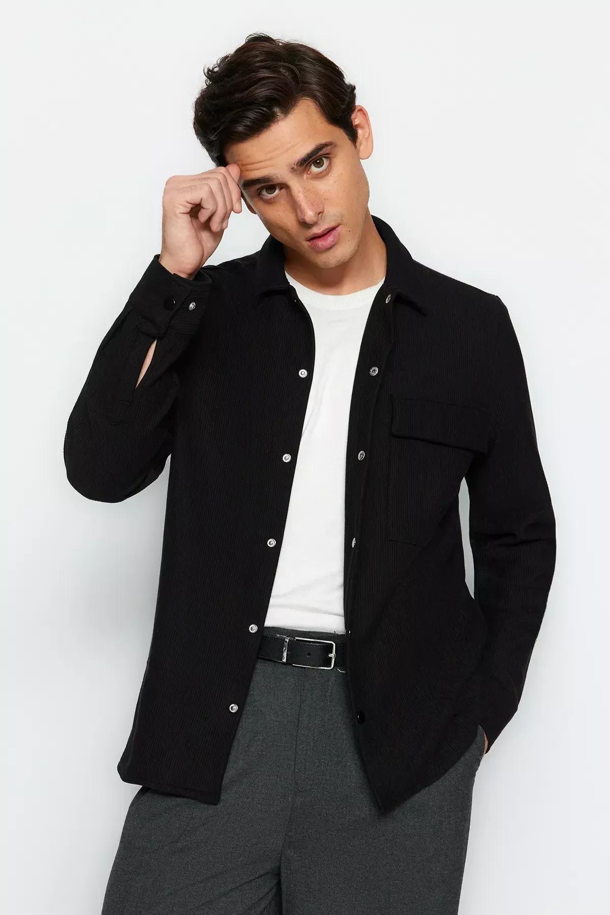 Black Single Pocket Knitted Shirt, BLACK, large image number 0