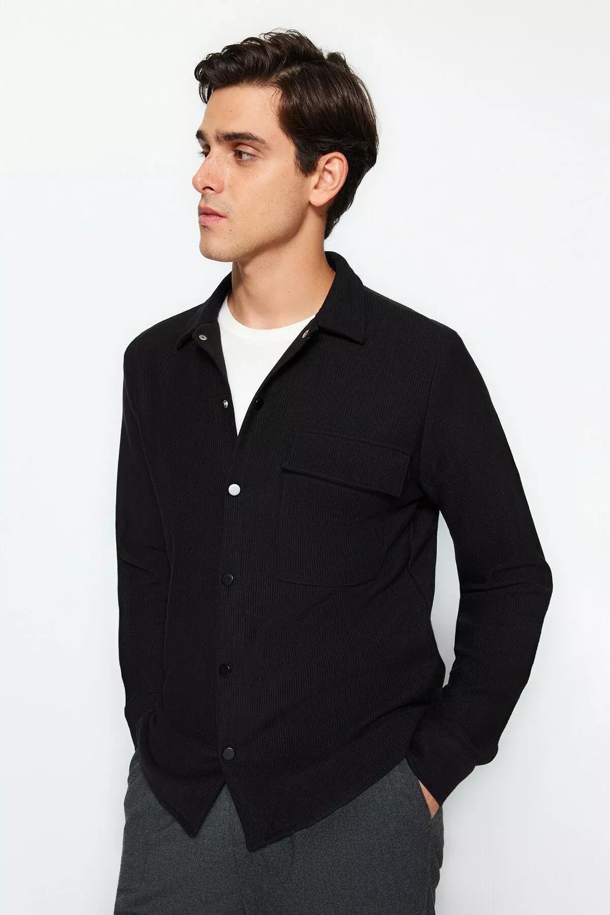 Black Single Pocket Knitted Shirt, BLACK, large image number 1