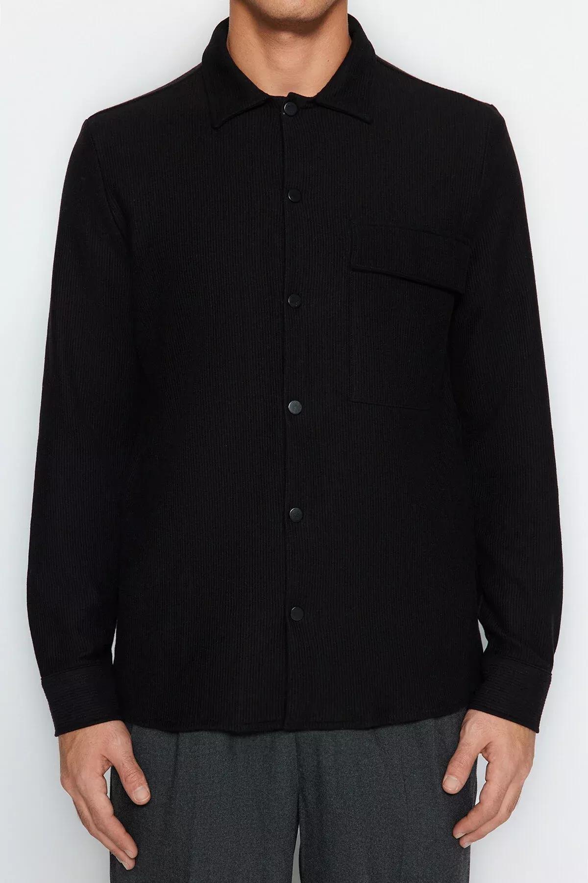 Black Single Pocket Knitted Shirt, BLACK, large image number 2