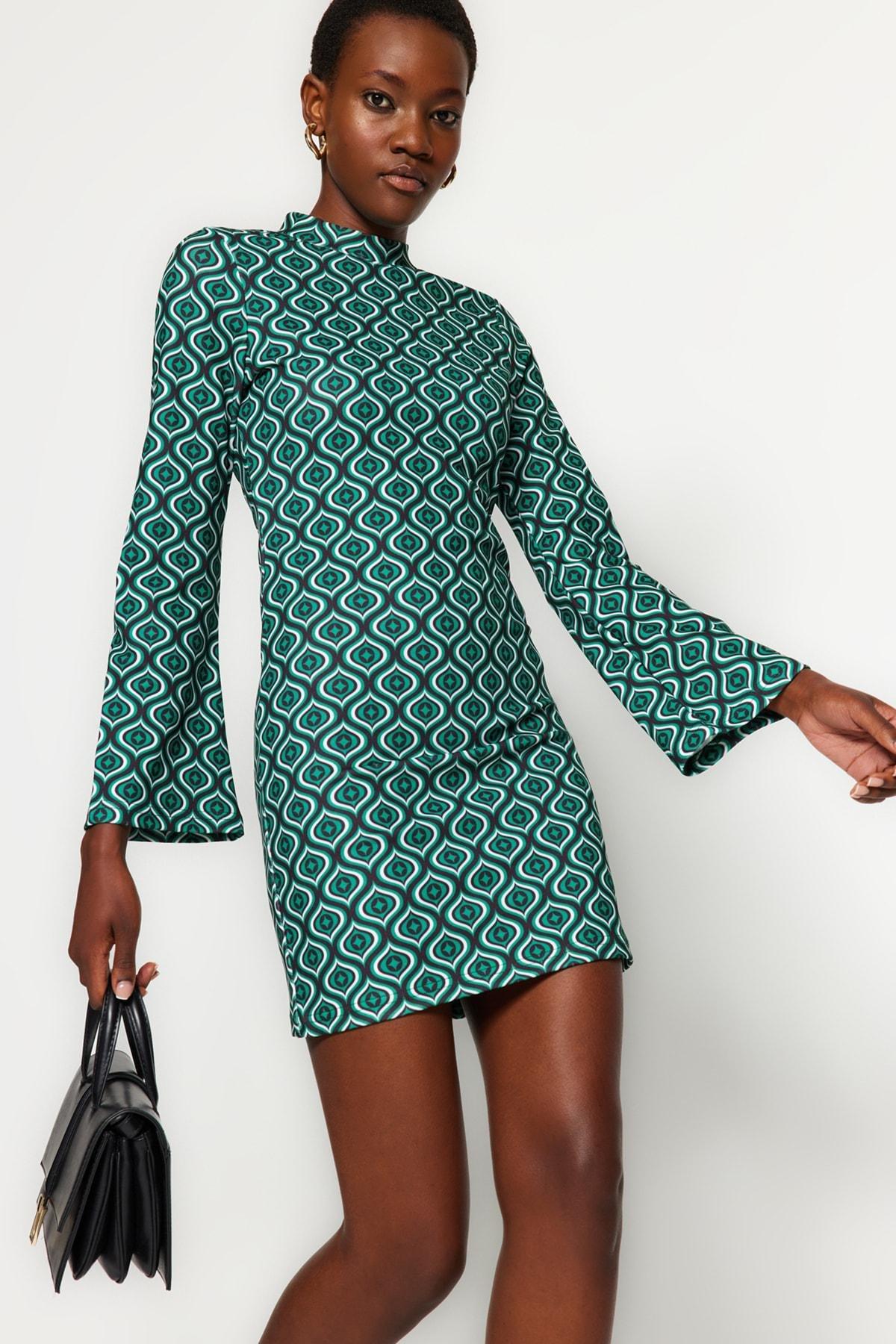 Green Stand-Up Collar Printed Mini Dress, , large image number 0