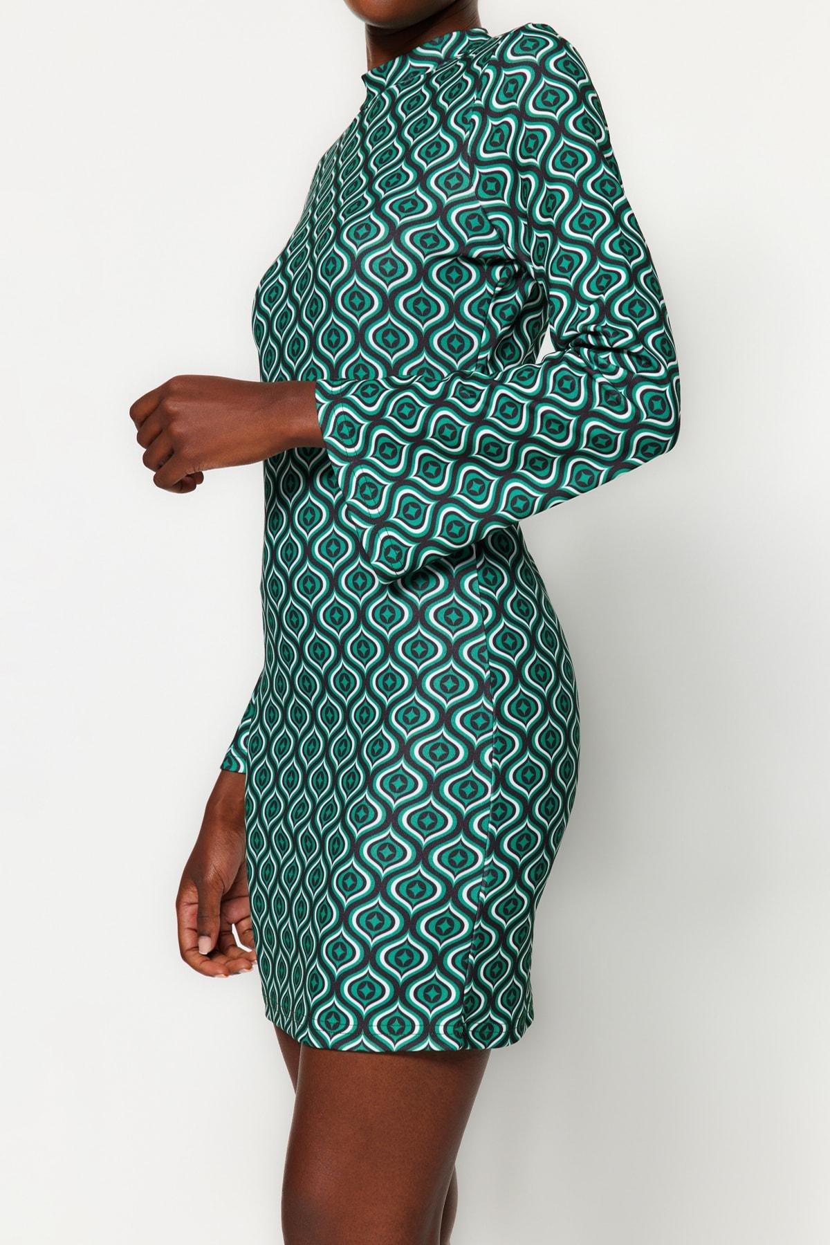 Green Stand-Up Collar Printed Mini Dress, , large image number 3
