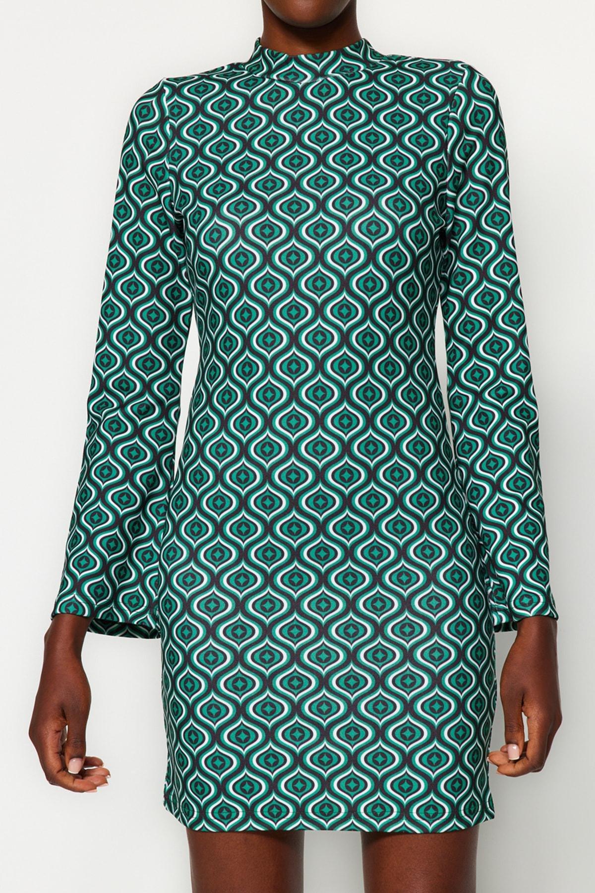 Green Stand-Up Collar Printed Mini Dress, , large image number 4