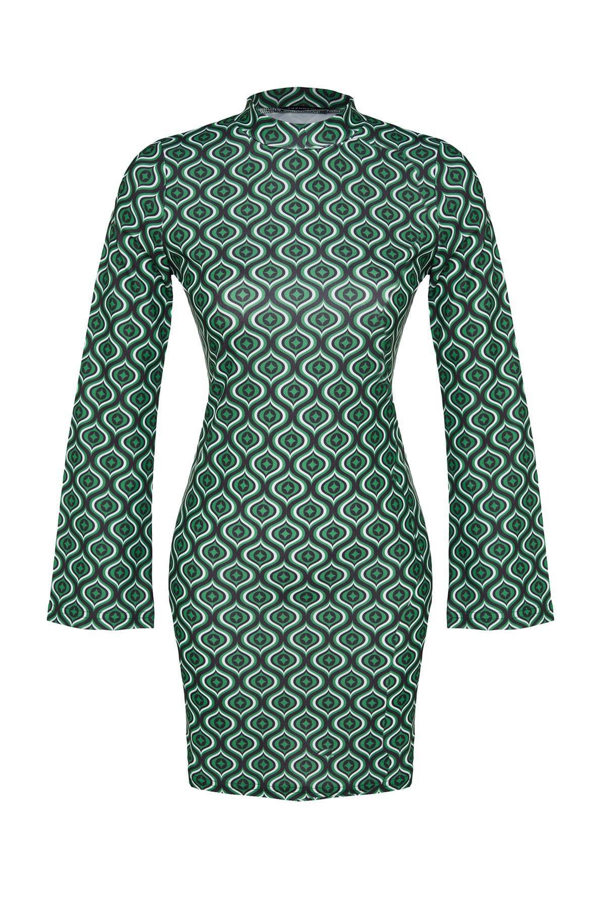 Green Stand-Up Collar Printed Mini Dress, , large image number 5