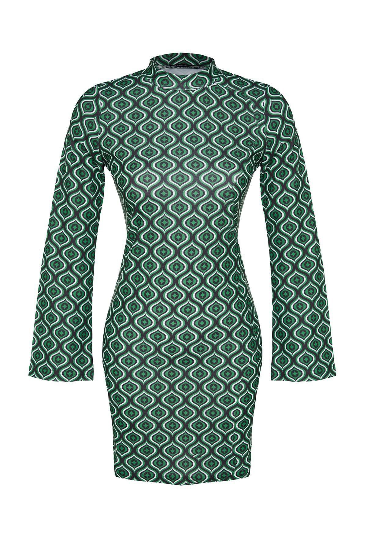 Trendyol - Green Stand-Up Collar Printed Mini Dress