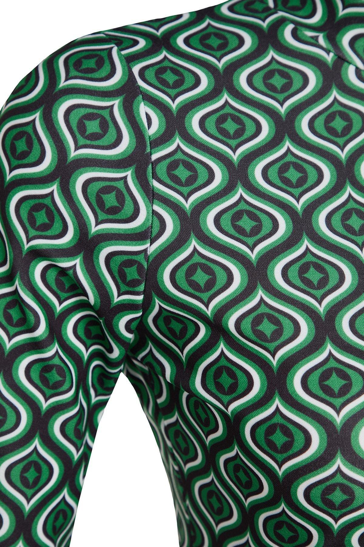 Green Stand-Up Collar Printed Mini Dress, , large image number 6